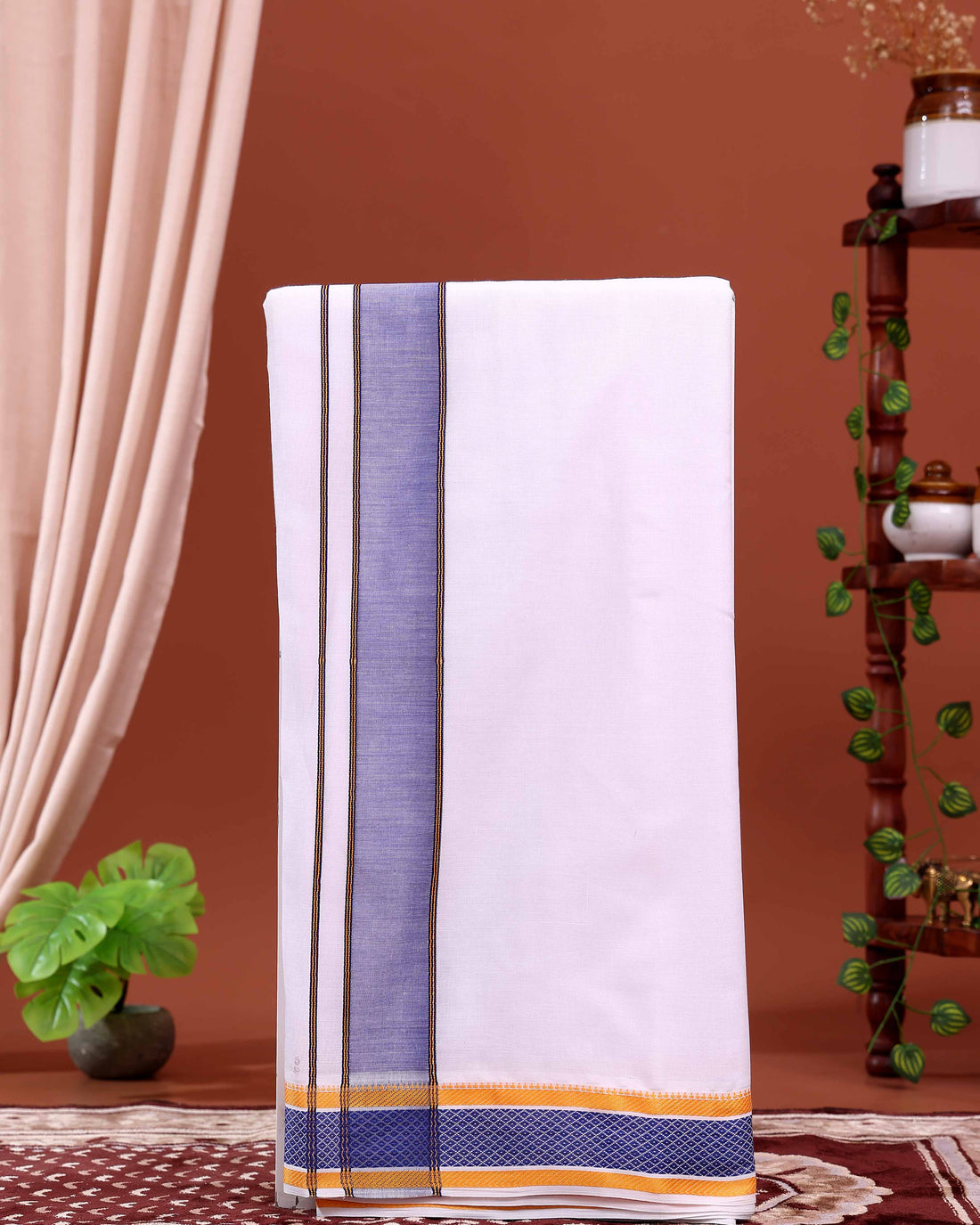 Men’s Traditional Handloom 10*6 Meter Cotton Dhoti with Blue Border - White