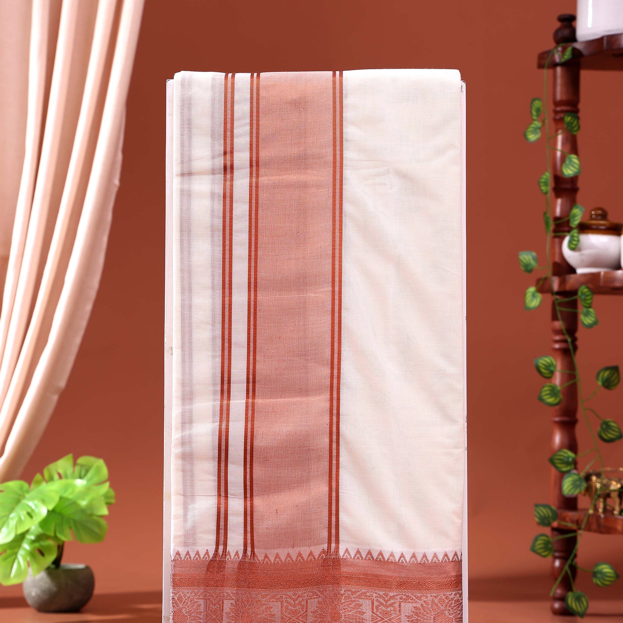 Men’s Traditional Handloom 10*6 Meter Cotton Dhoti with Copper Zari Border - Off White