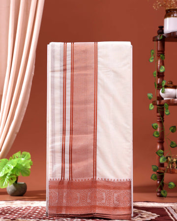 Men’s Traditional Handloom 10*6 Meter Cotton Dhoti with Copper Zari Border - Off White