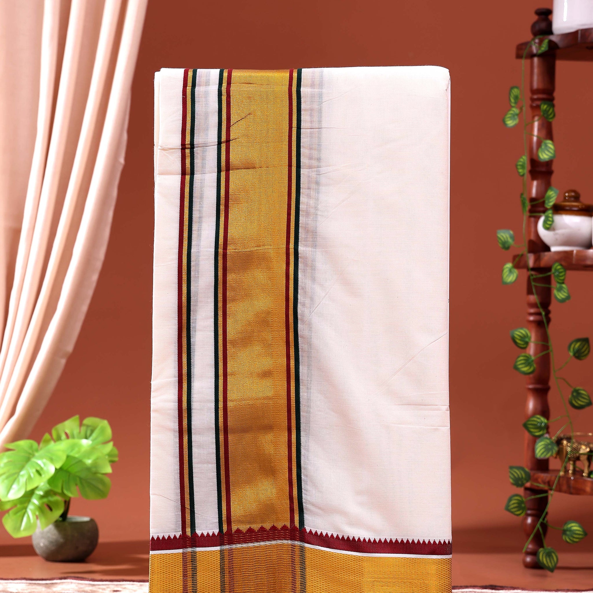 Men’s Traditional Handloom 10*6 Meter Cotton Dhoti with Gold Zari Border - Off White 