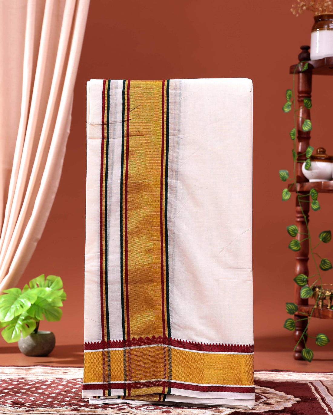 Men’s Traditional Handloom 10*6 Meter Cotton Dhoti with Gold Zari Border - Off White 
