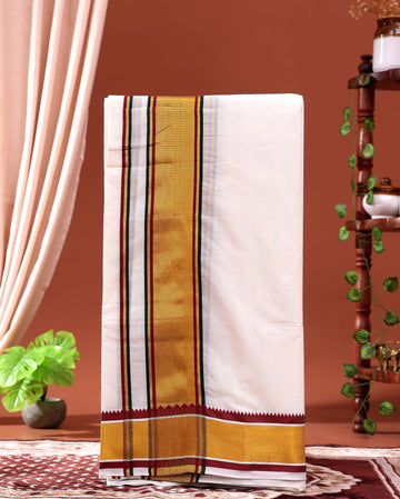 Men’s Traditional Handloom 10*6 Meter Cotton Dhoti with Gold Zari Border - Off White 