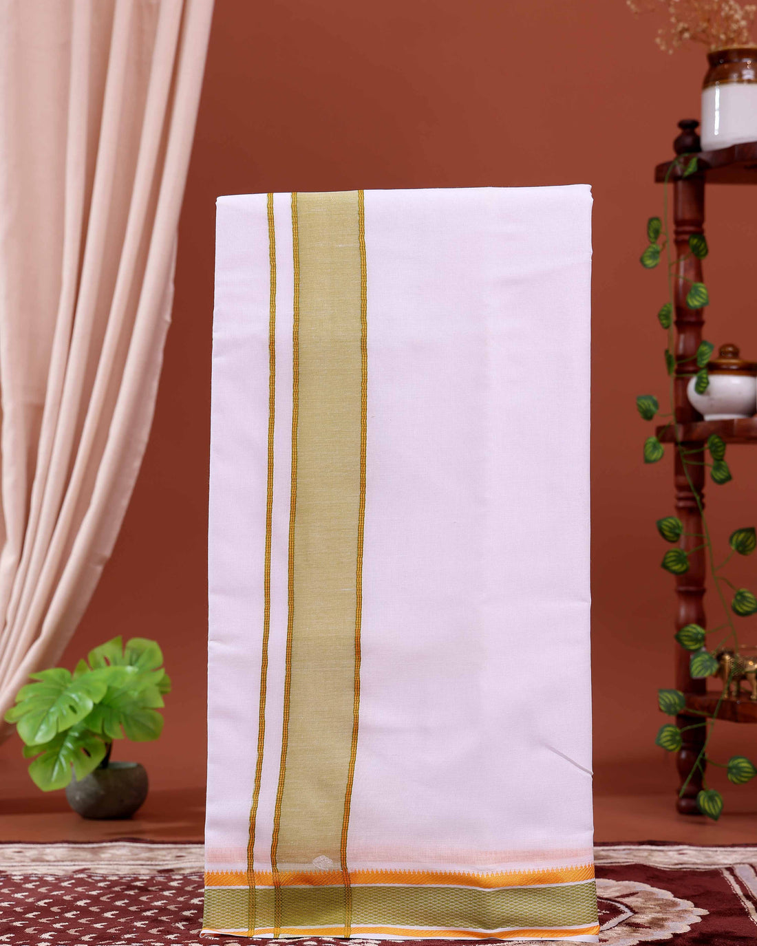 Men’s Traditional Handloom 10*6 Meter Cotton Dhoti with Green Border - White 