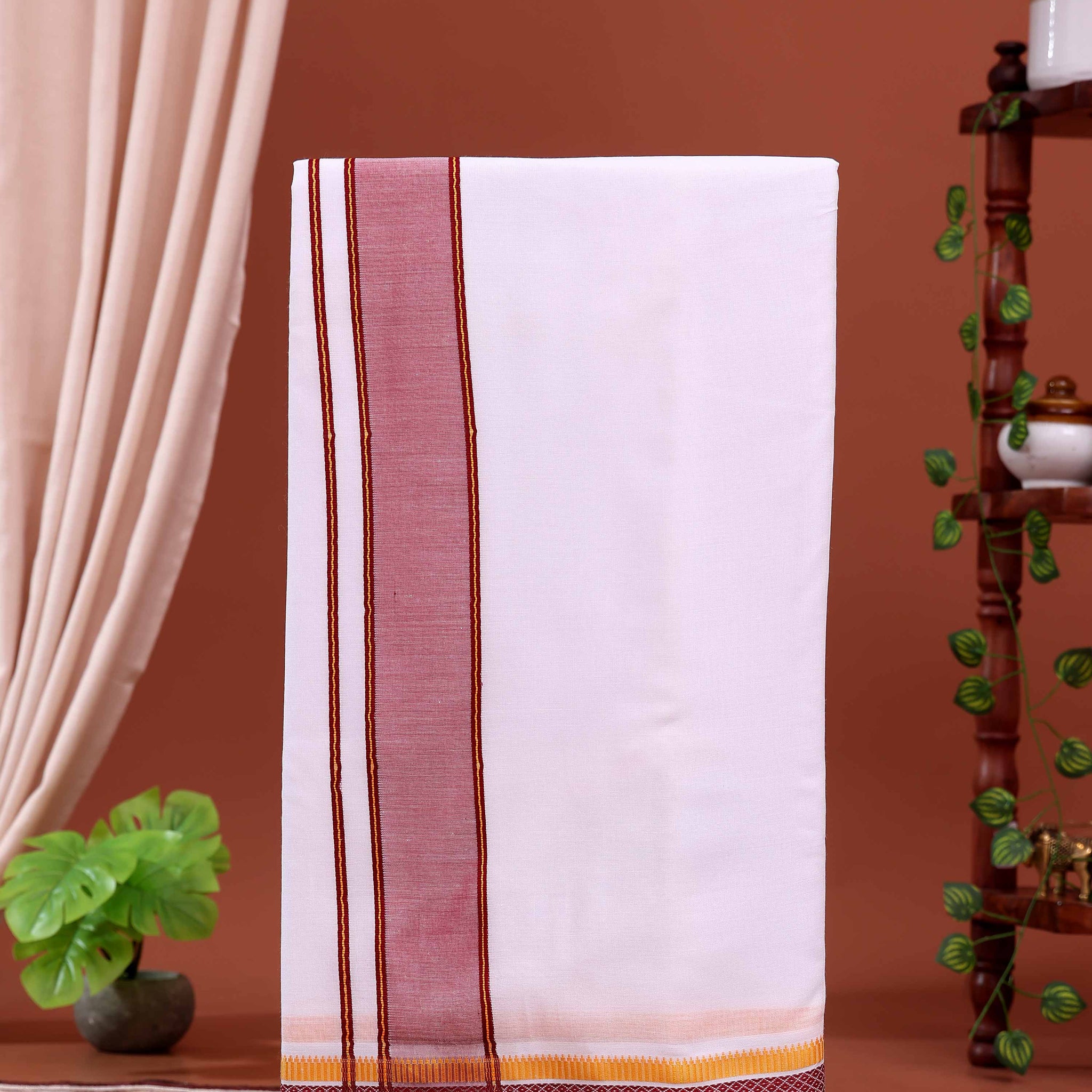 Men’s Traditional Handloom 10+6 Meter Cotton Dhoti with Maroon Border - White