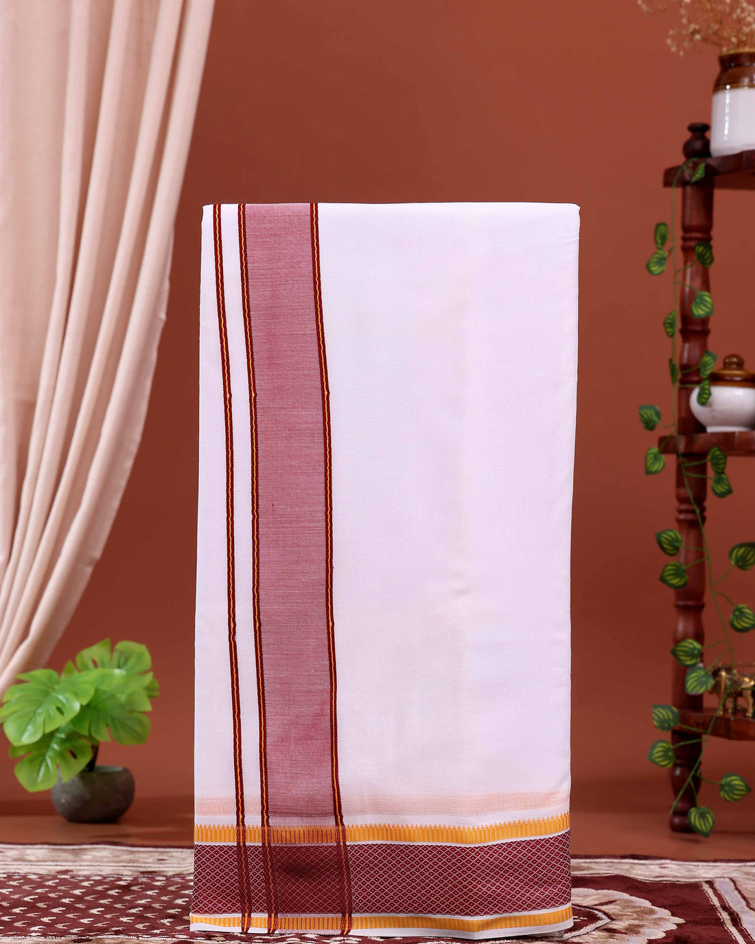 Men’s Traditional Handloom 10+6 Meter Cotton Dhoti with Maroon Border - White