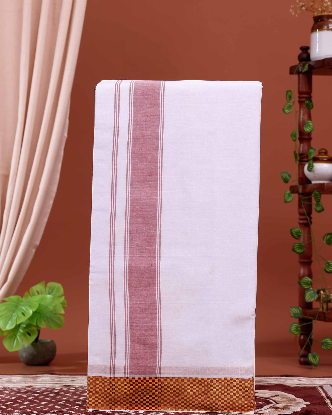 Men’s Traditional Handloom 10+6 Meter Cotton Dhoti with Multi Border - White