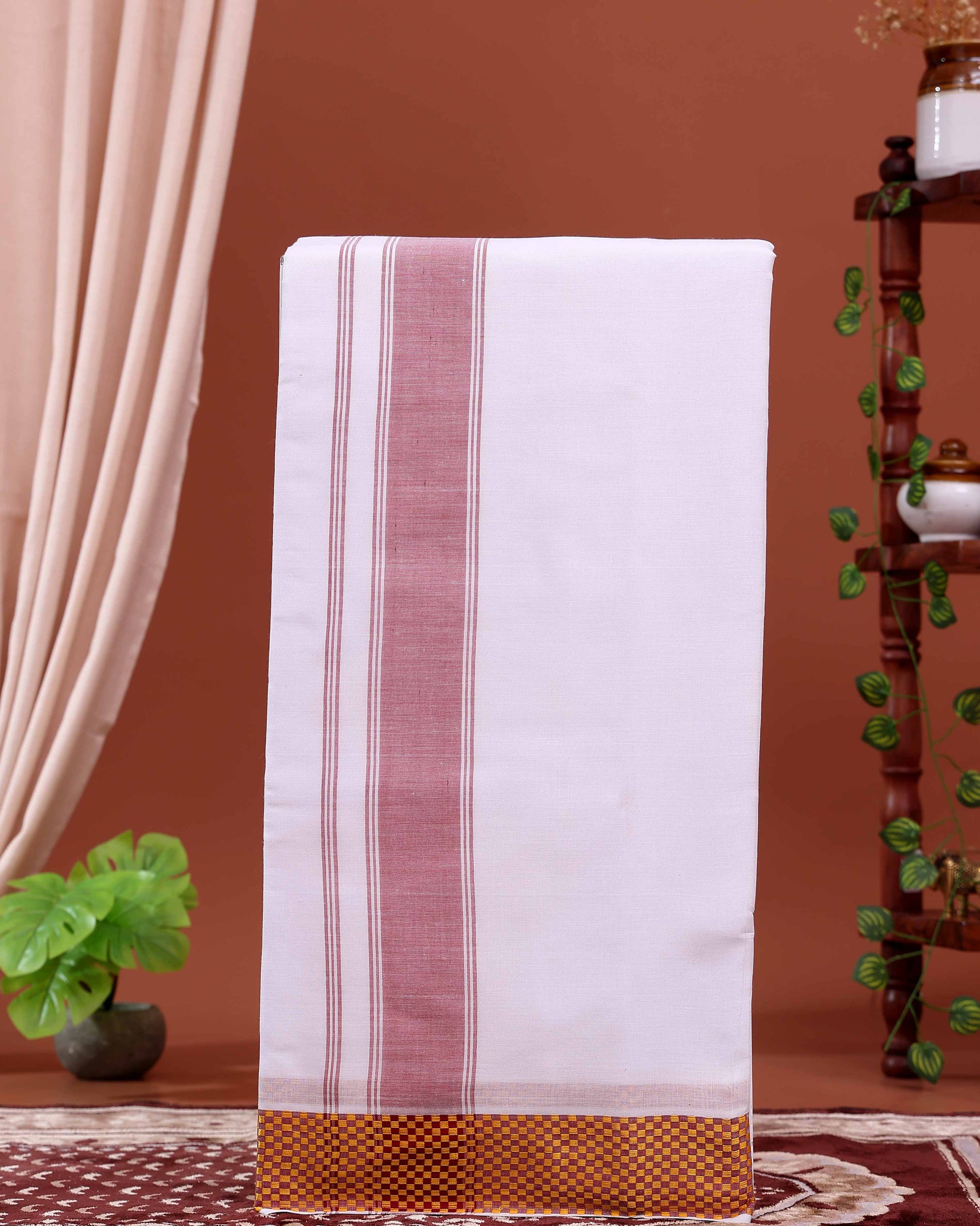 Men’s Traditional Handloom 10+6 Meter Cotton Dhoti with Multi Border - White