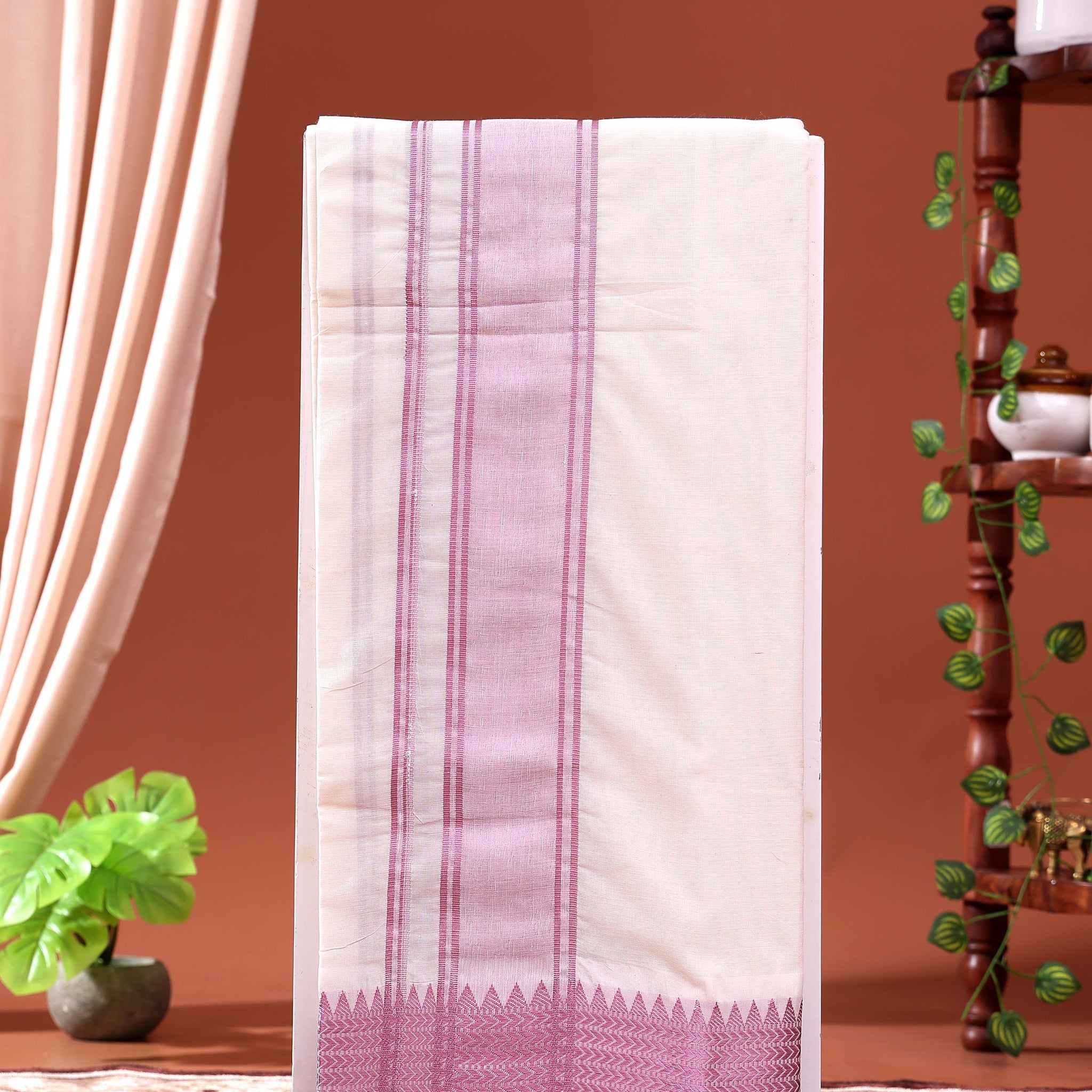Men’s Traditional Handloom 10*6 Meter Cotton Dhoti with Purple Border - Off White