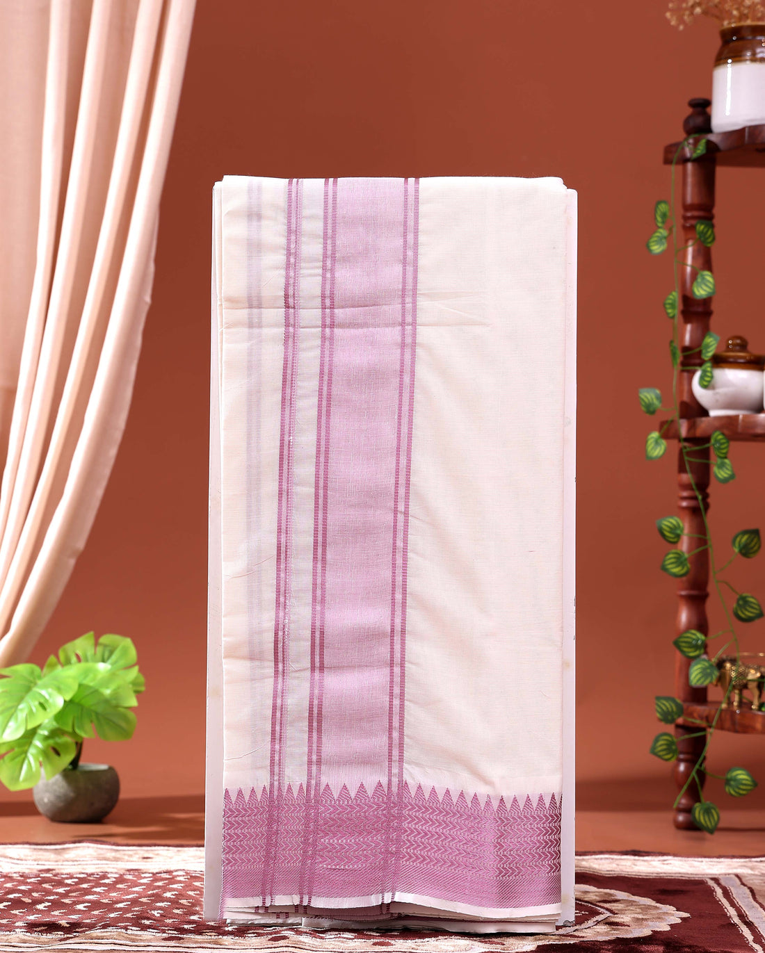 Men’s Traditional Handloom 10*6 Meter Cotton Dhoti with Purple Border - Off White