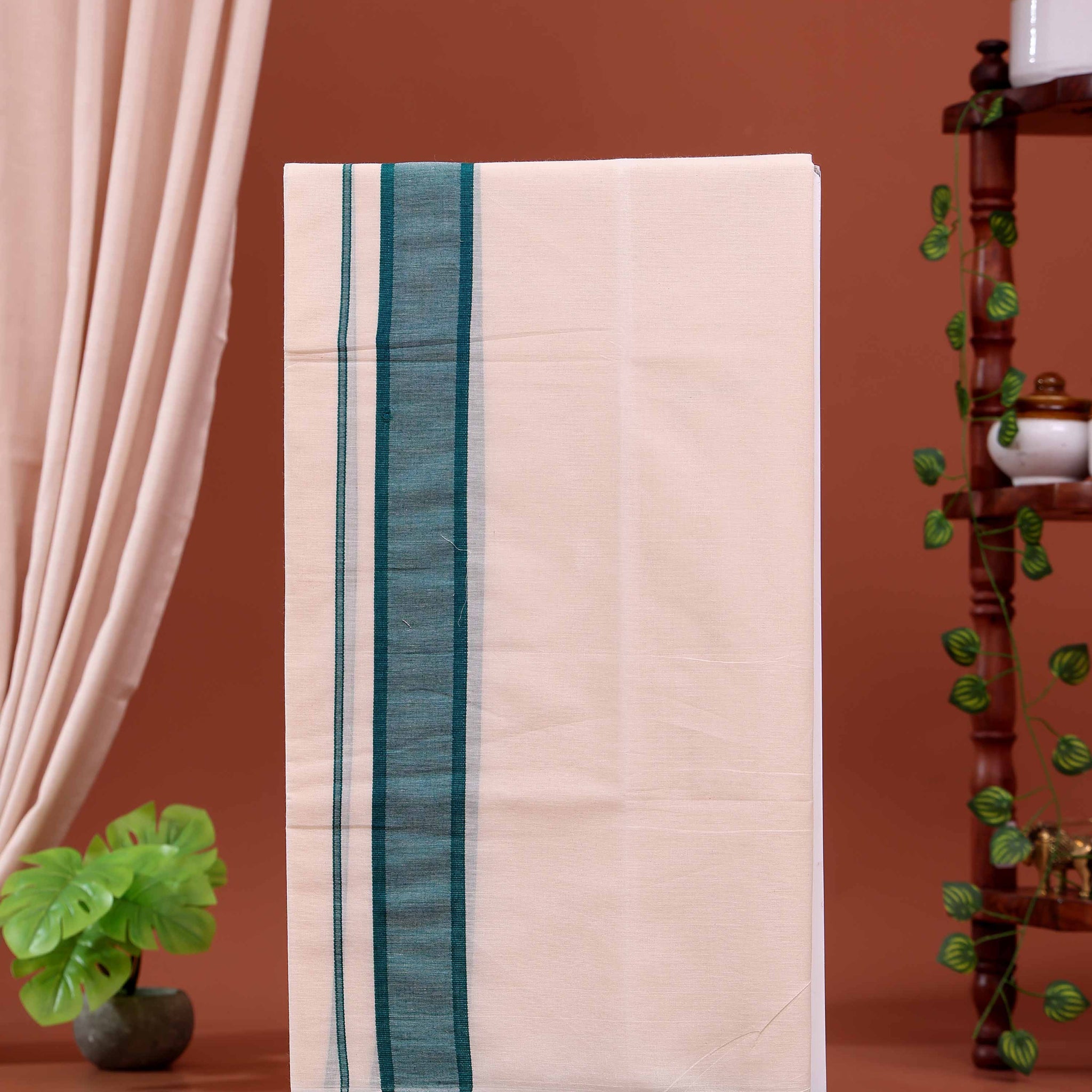 Men’s Traditional Handloom 4 Meter Cotton Dhoti with Green Border - Off White