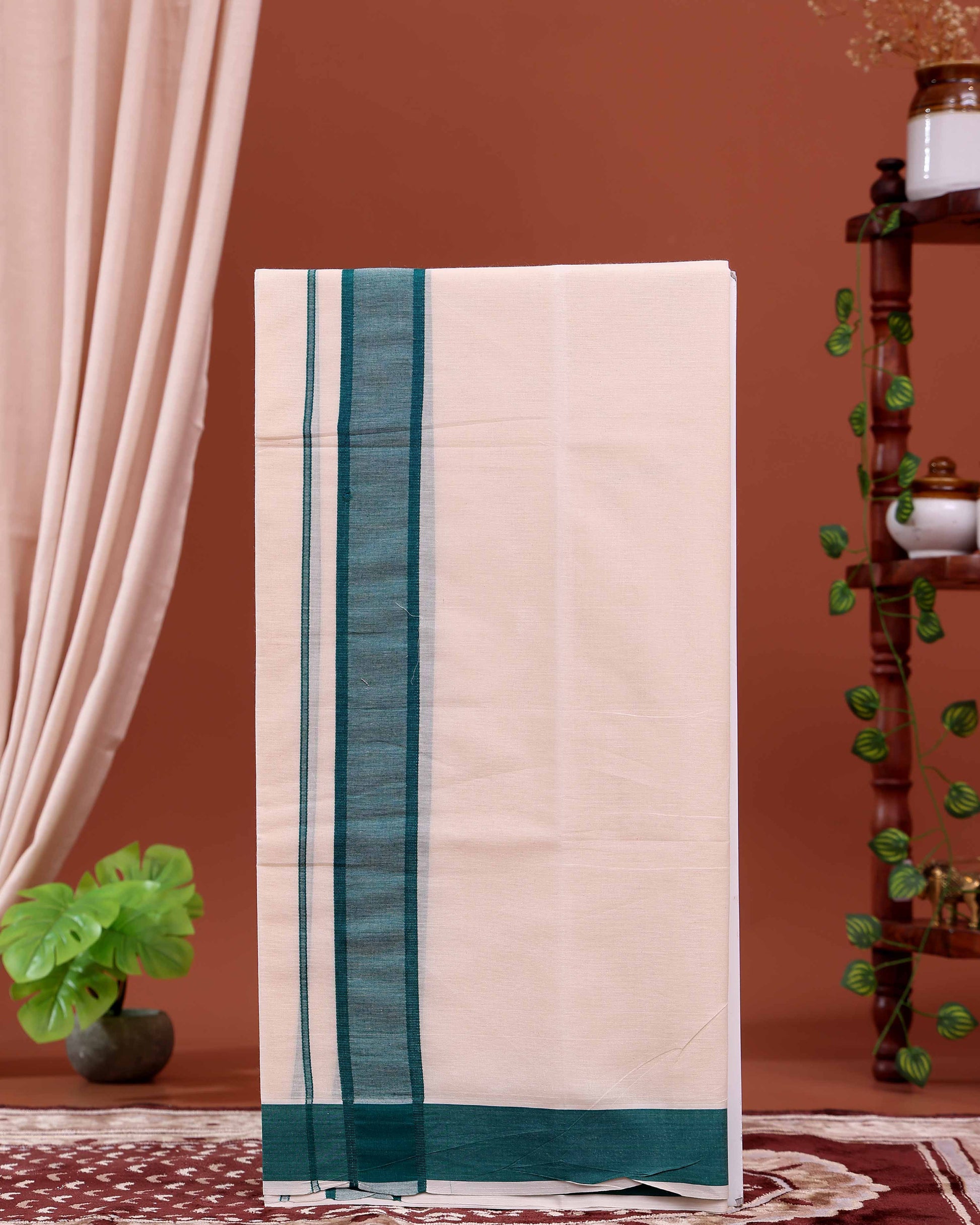 Men’s Traditional Handloom 4 Meter Cotton Dhoti with Green Border - Off White