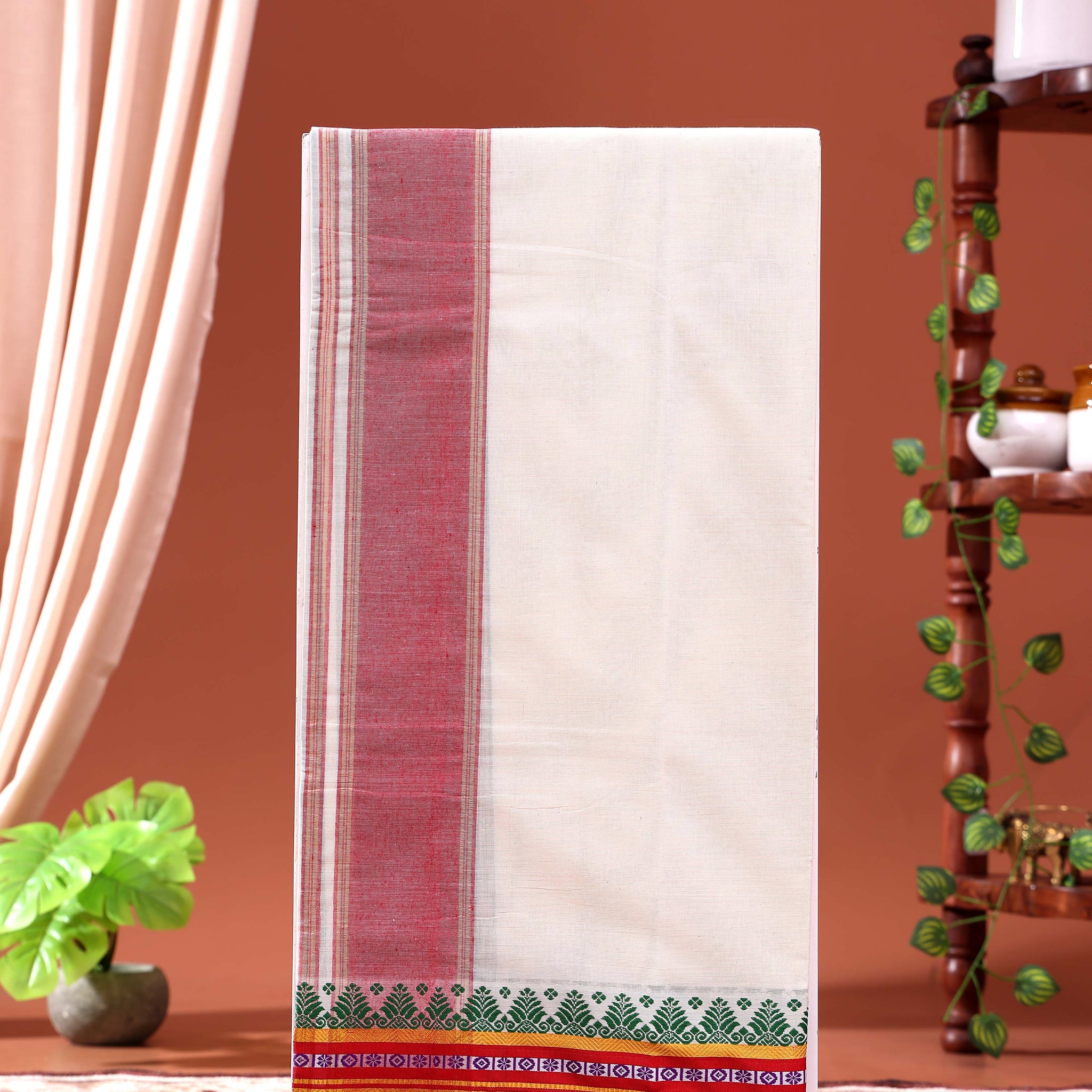 Men’s Traditional Handloom 4 Meter Cotton Dhoti with Multi Border - Off White-eight