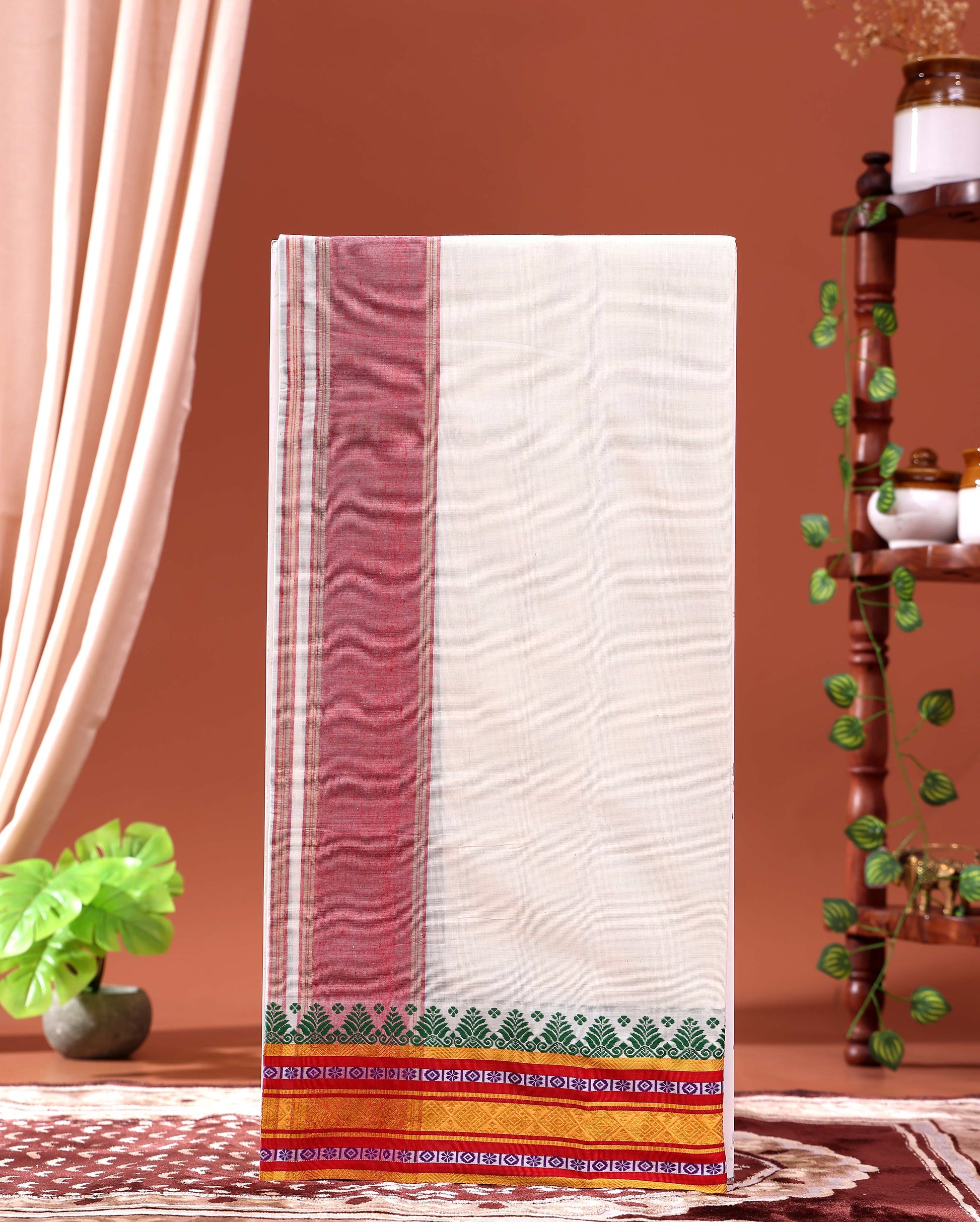 Men’s Traditional Handloom 4 Meter Cotton Dhoti with Multi Border - Off White-eight
