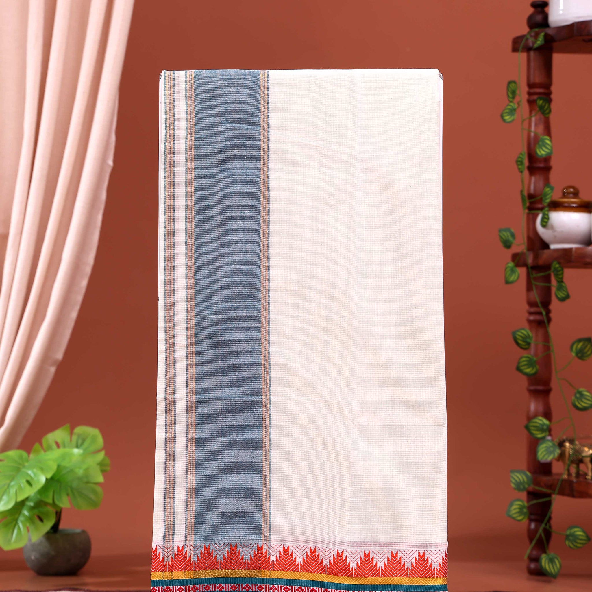 Men’s Traditional Handloom 4 Meter Cotton Dhoti with Multi Border - Off White-three