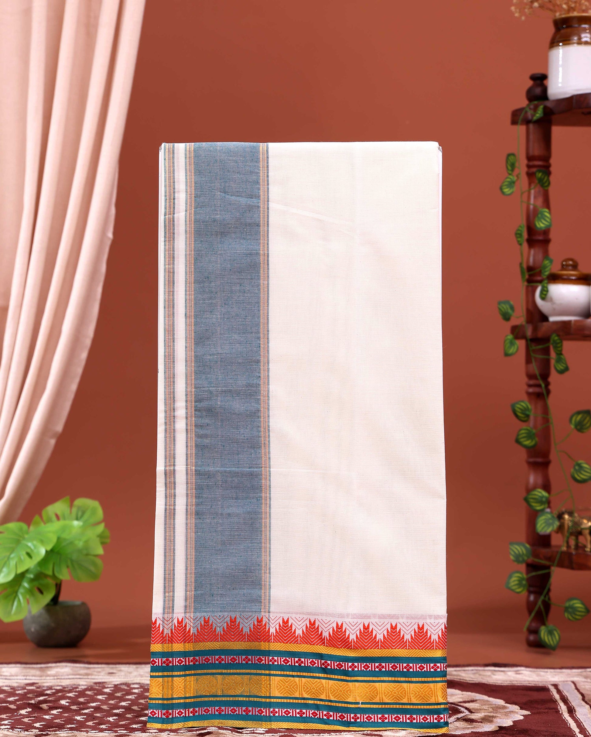 Men’s Traditional Handloom 4 Meter Cotton Dhoti with Multi Border - Off White-three