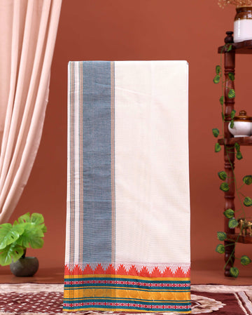 Men’s Traditional Handloom 4 Meter Cotton Dhoti with Multi Border - Off White-three