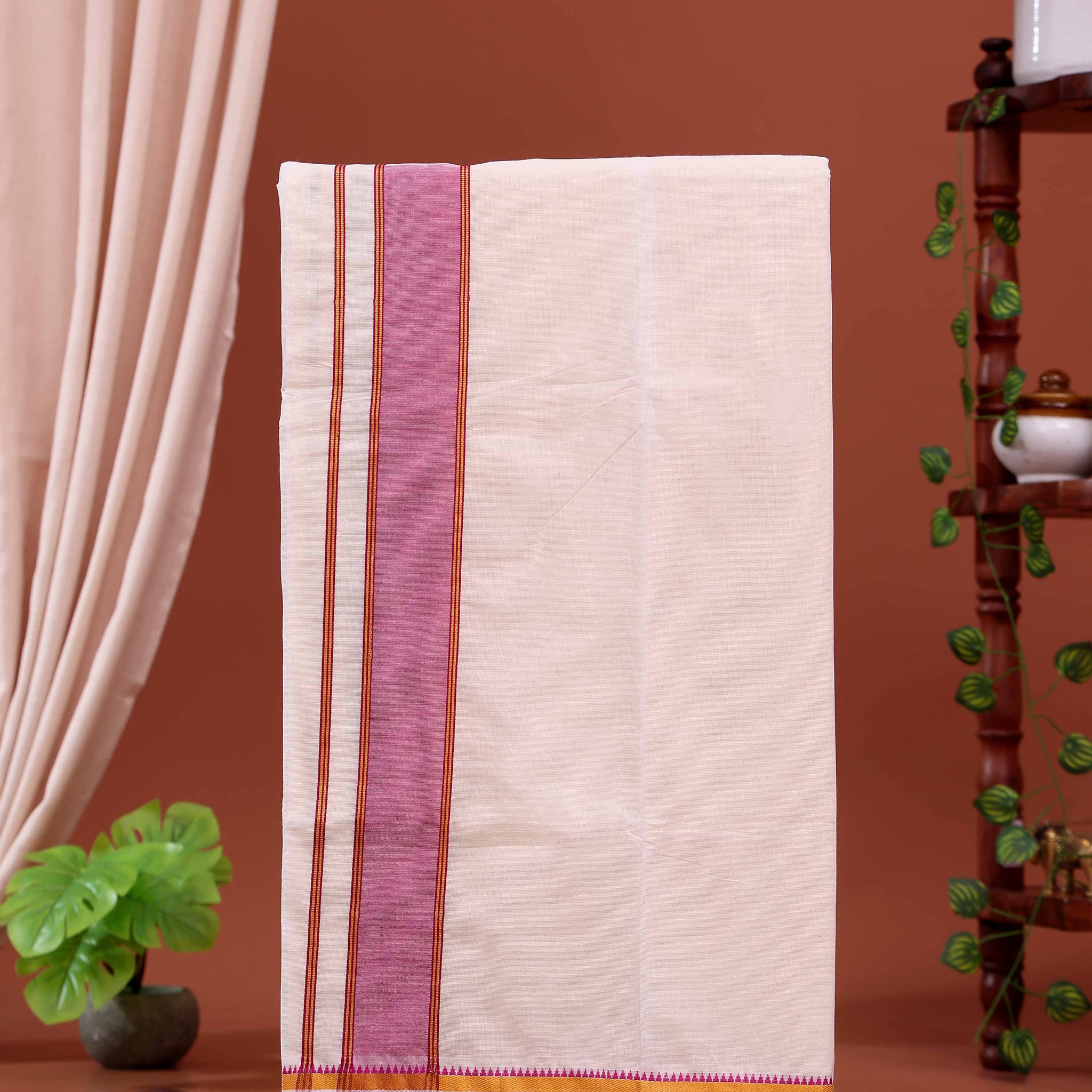 Men’s Traditional Handloom 4 Meter Cotton Dhoti with Pink Border - Off White