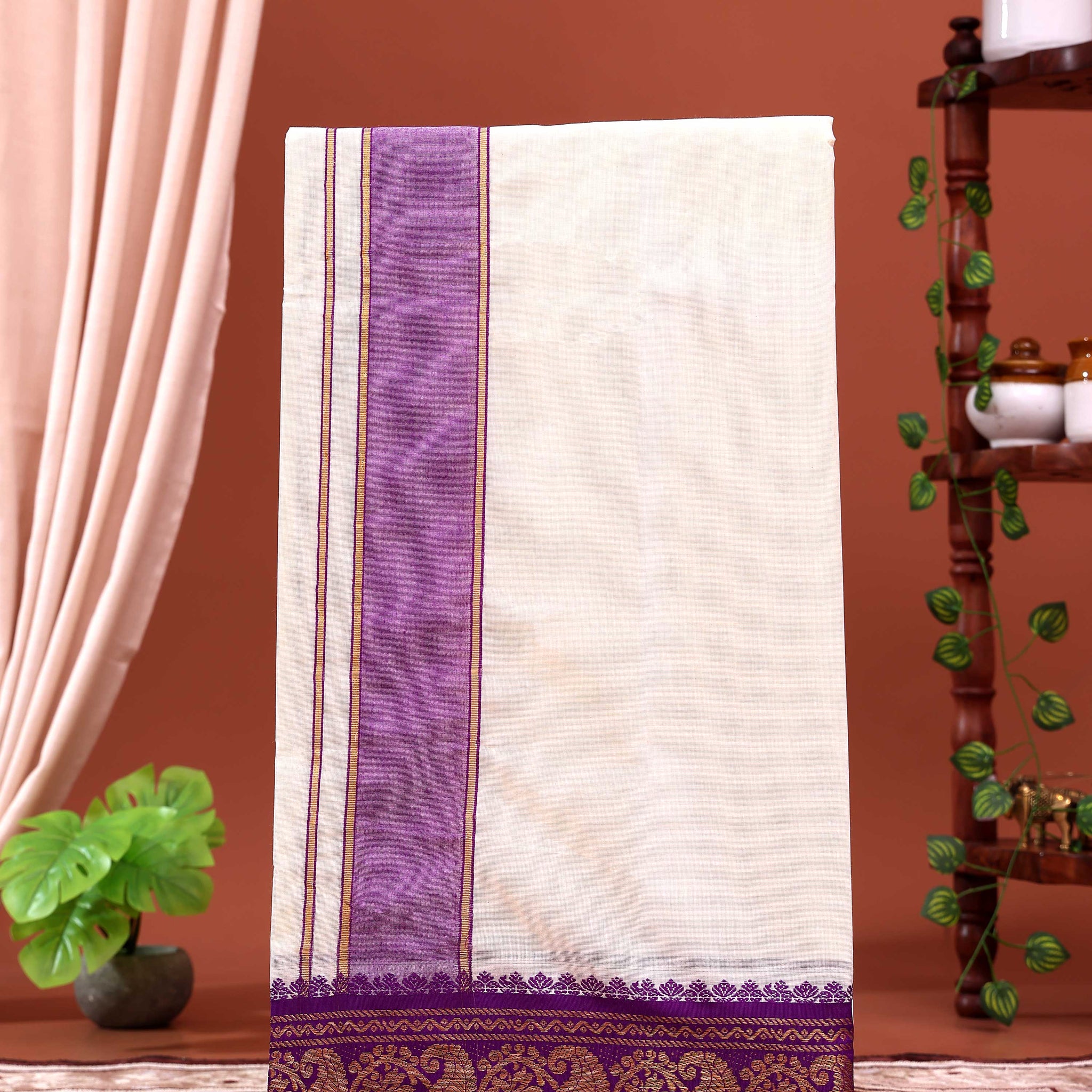 Men’s Traditional Handloom 4 Meter Cotton Dhoti with Purple Zari Border - Off White 