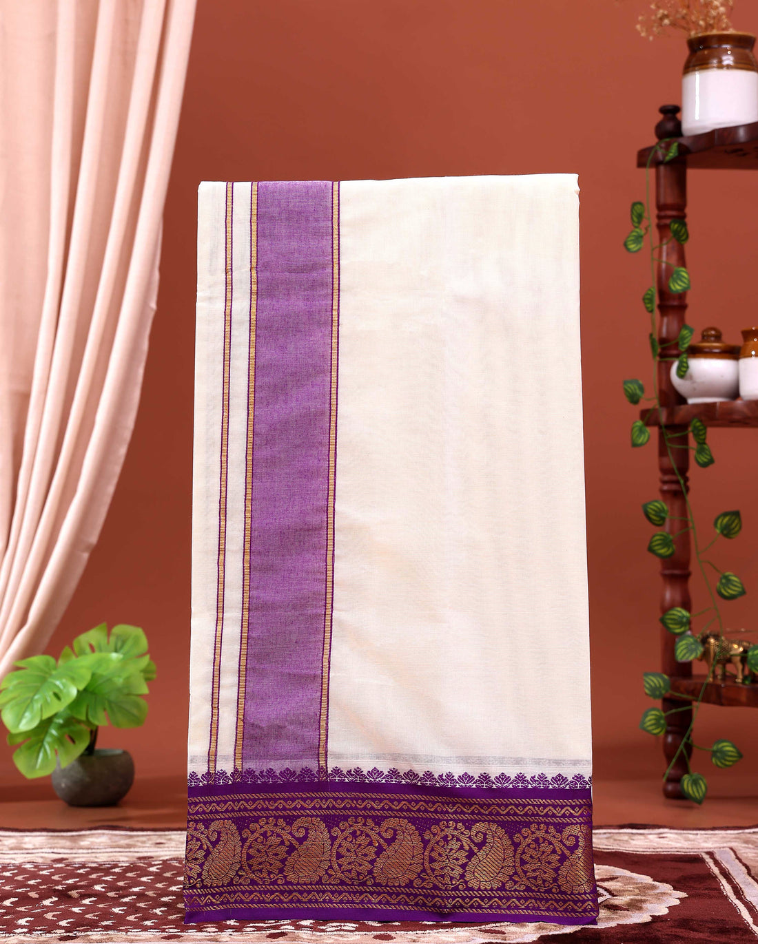 Men’s Traditional Handloom 4 Meter Cotton Dhoti with Purple Zari Border - Off White 