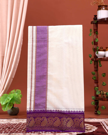 Men’s Traditional Handloom 4 Meter Cotton Dhoti with Purple Zari Border - Off White 