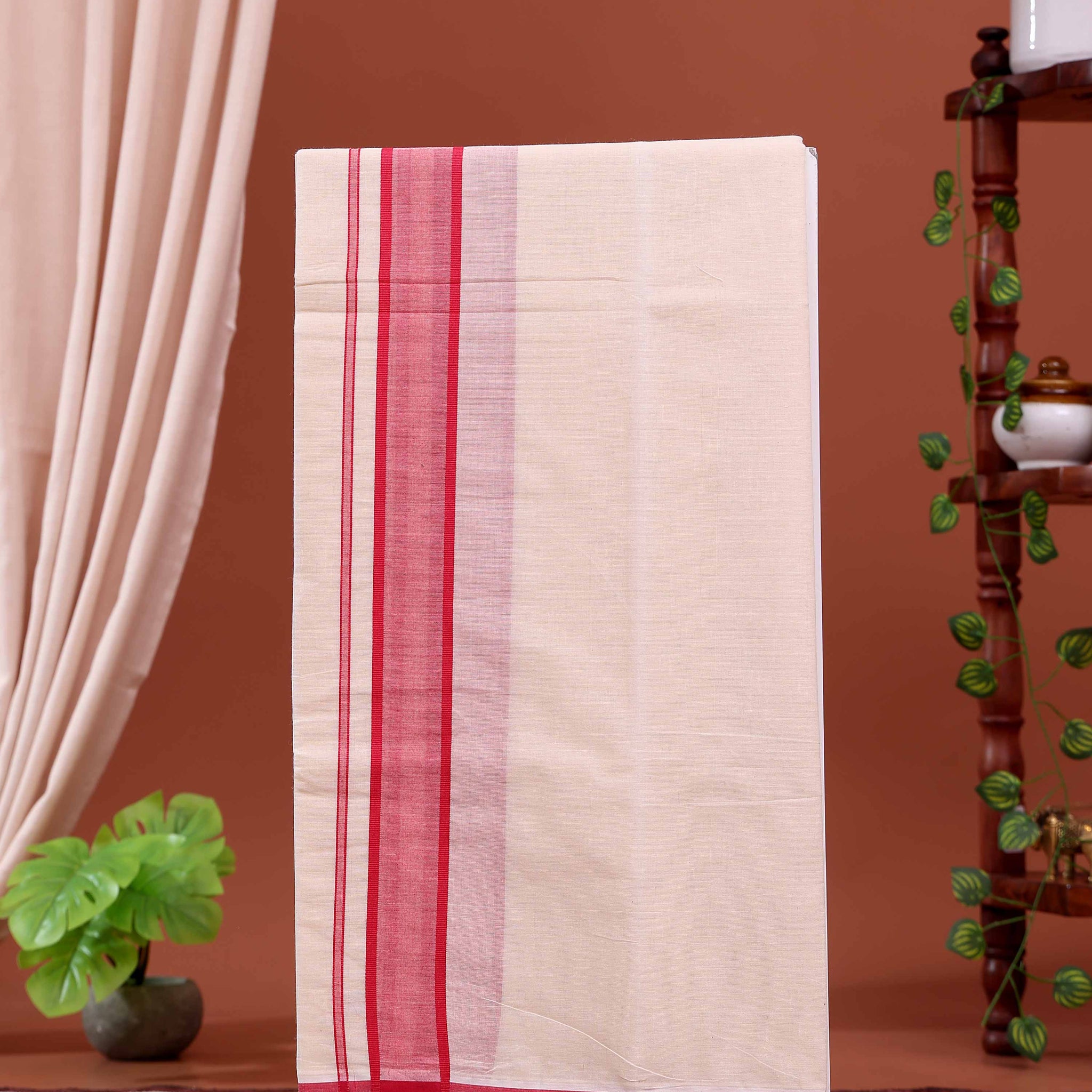 Men’s Traditional Handloom 4 Meter Cotton Dhoti with Red Border - Off White