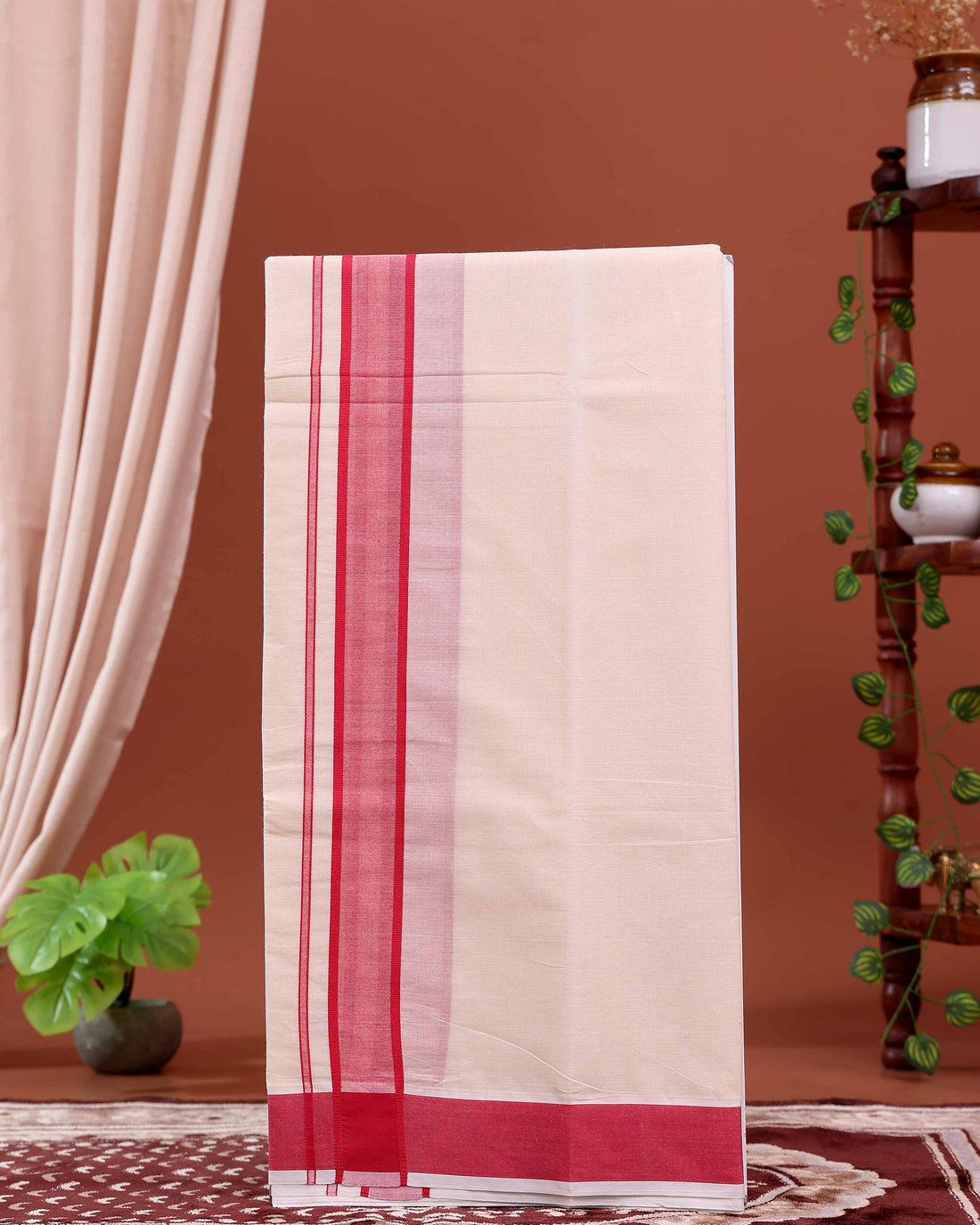 Men’s Traditional Handloom 4 Meter Cotton Dhoti with Red Border - Off White