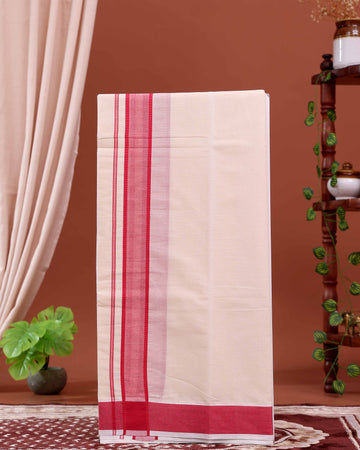 Men’s Traditional Handloom 4 Meter Cotton Dhoti with Red Border - Off White