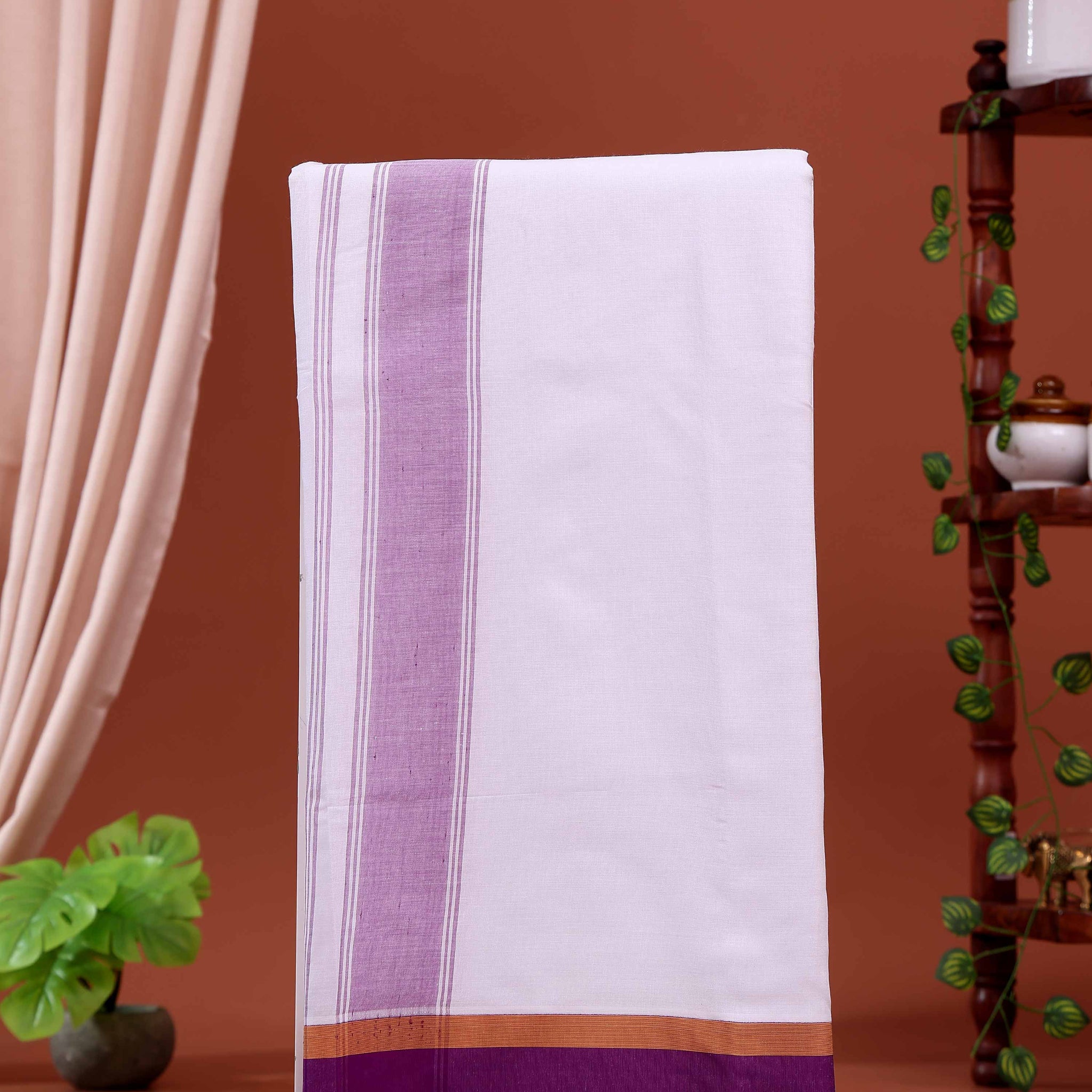 Men’s Traditional Handloom 9 Mulam Cotton Dhoti with Purple Border - Off White