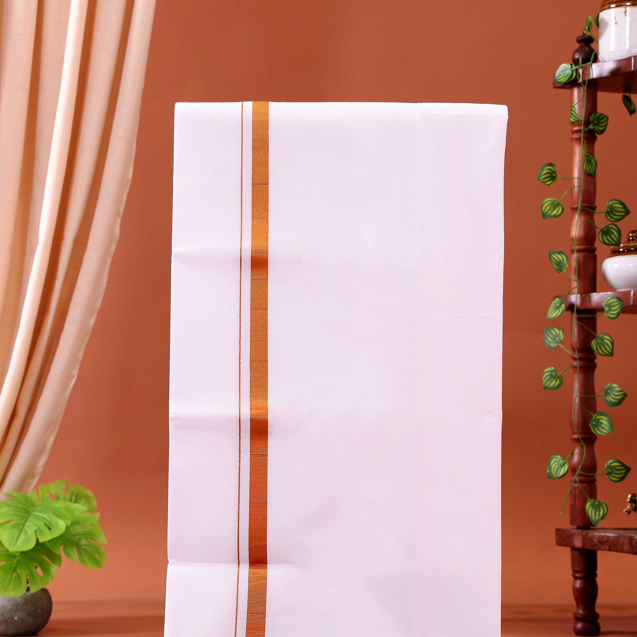 Men’s Traditional Handloom Cotton Dhoti with Copper Border - White 