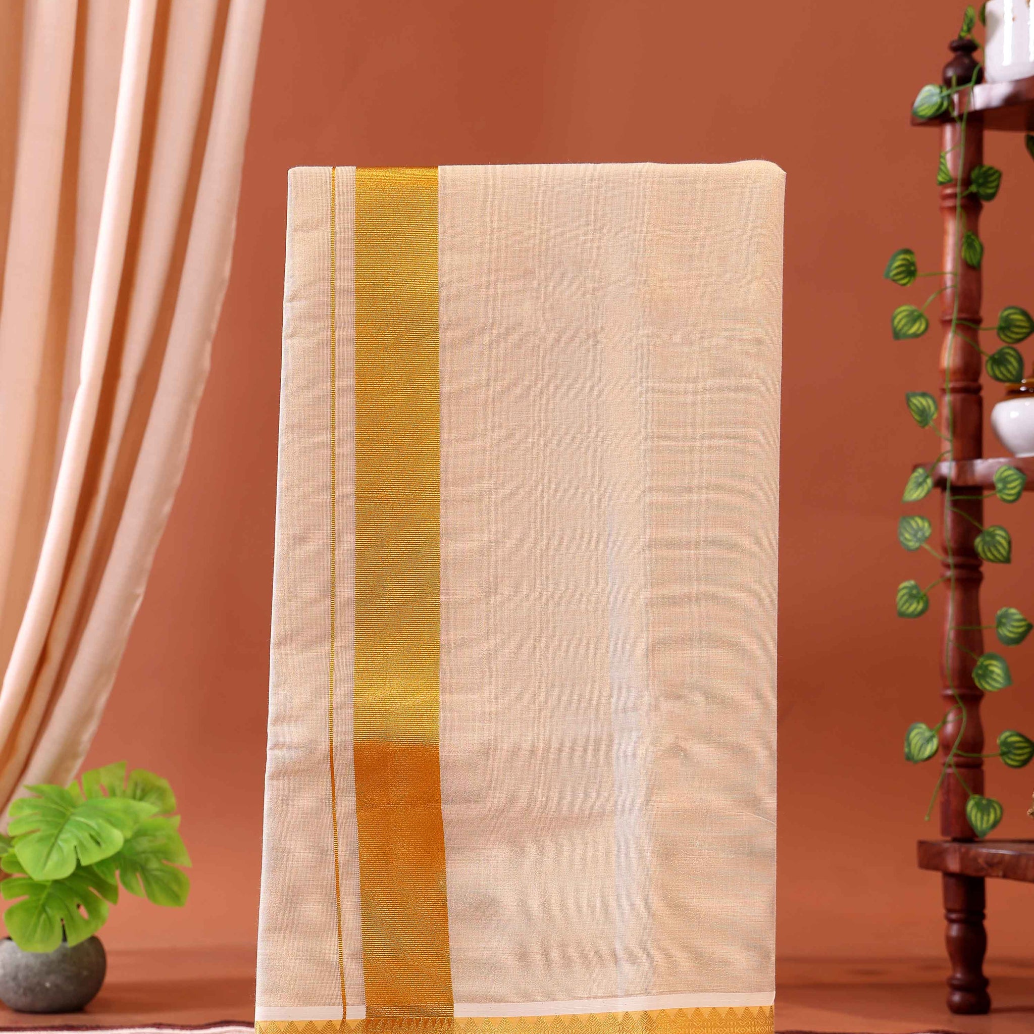 Men’s Traditional Handloom Cotton Dhoti with Gold Border - Gold