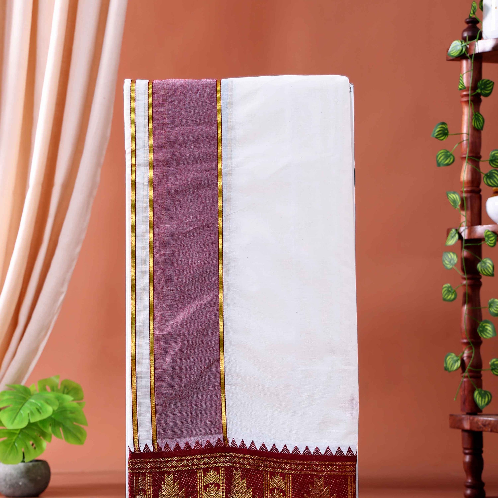 Men’s Traditional Handloom Cotton Dhoti with Maroon Border - Off White