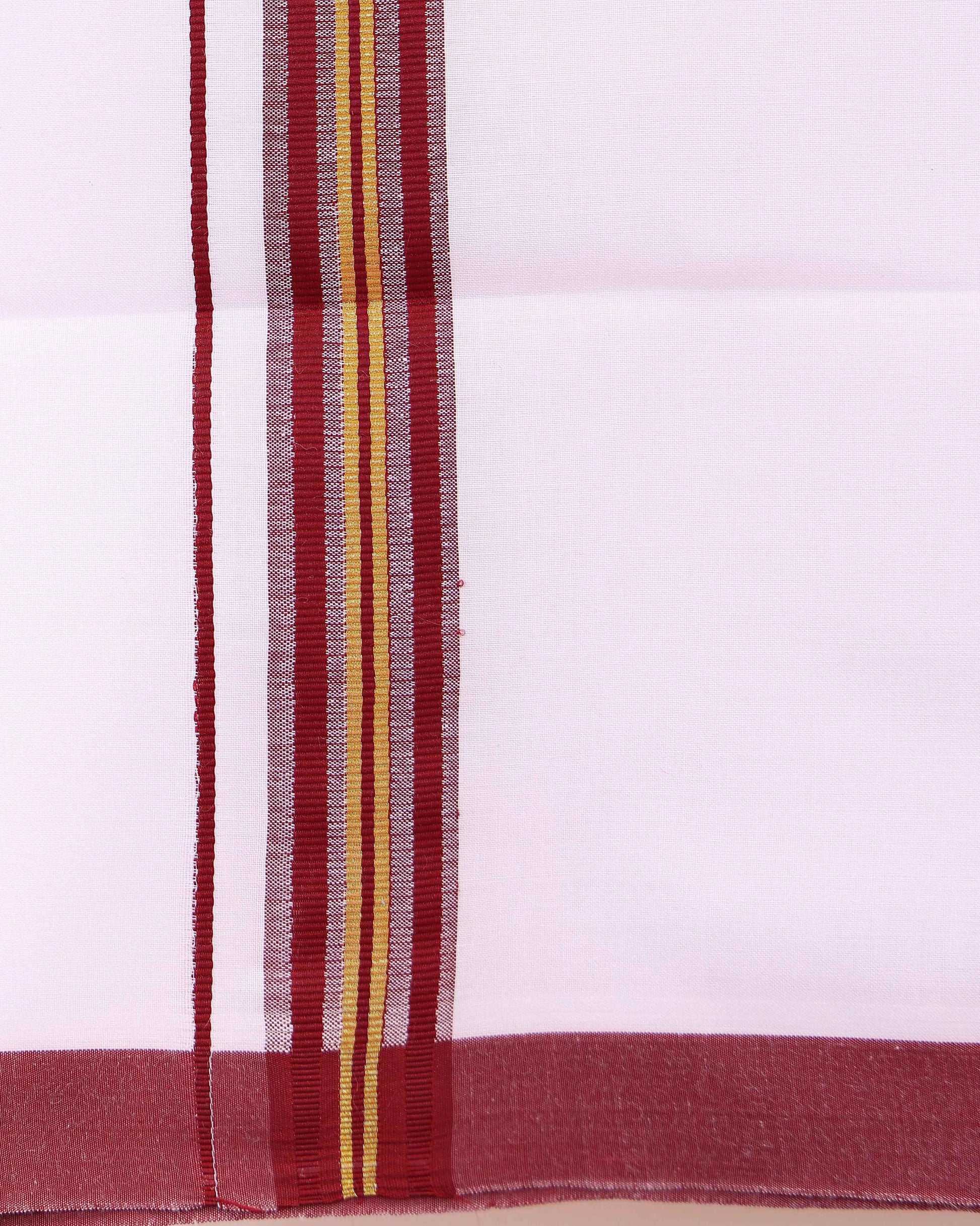 Men’s Traditional Handloom Cotton Dhoti with Maroon Border - White