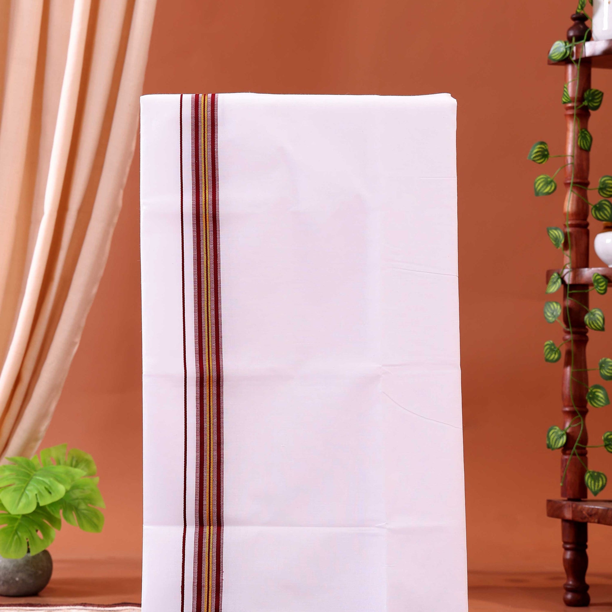 Men’s Traditional Handloom Cotton Dhoti with Maroon Border - White