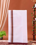Men’s Traditional Handloom Cotton Dhoti with Maroon Border - White