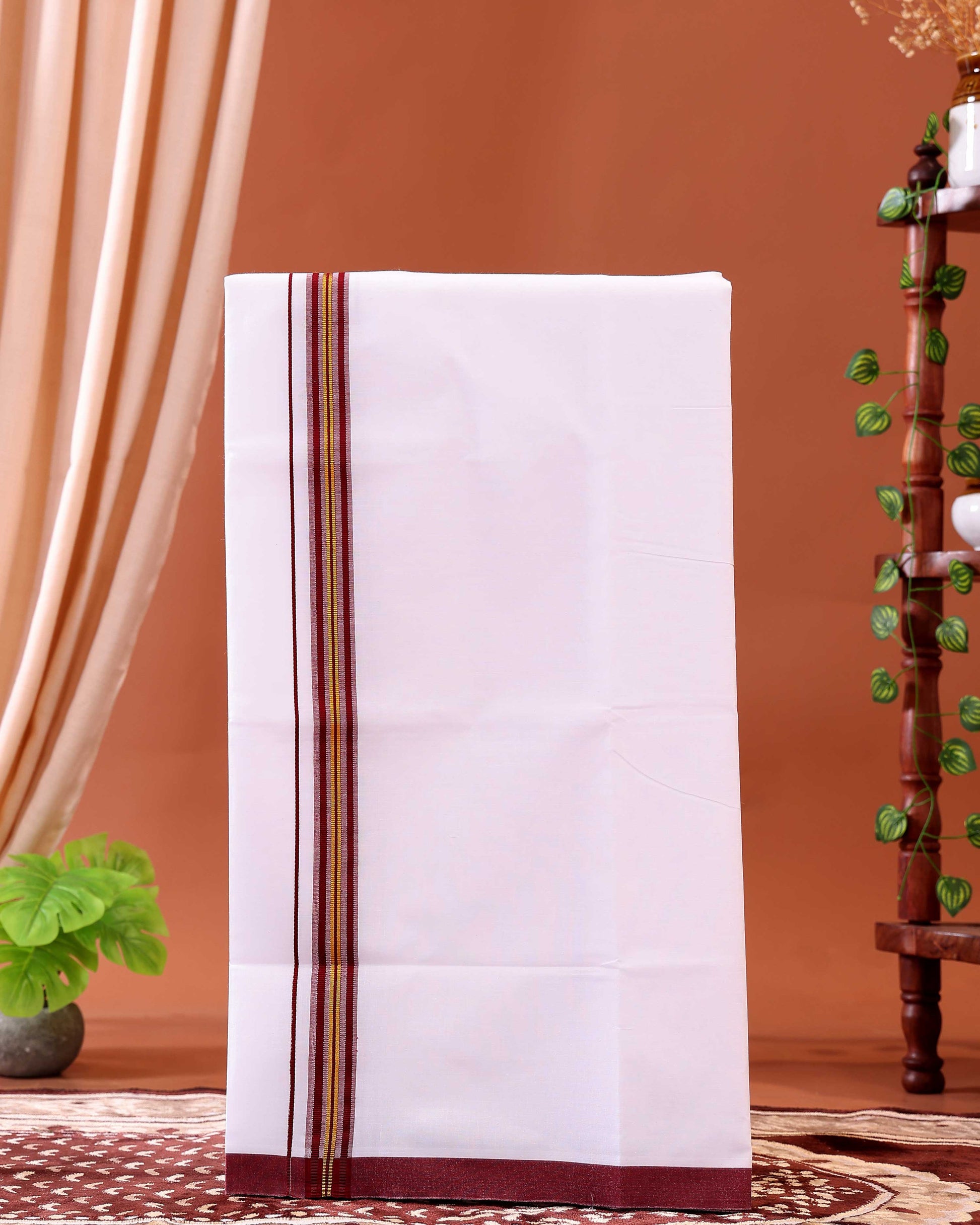 Men’s Traditional Handloom Cotton Dhoti with Maroon Border - White