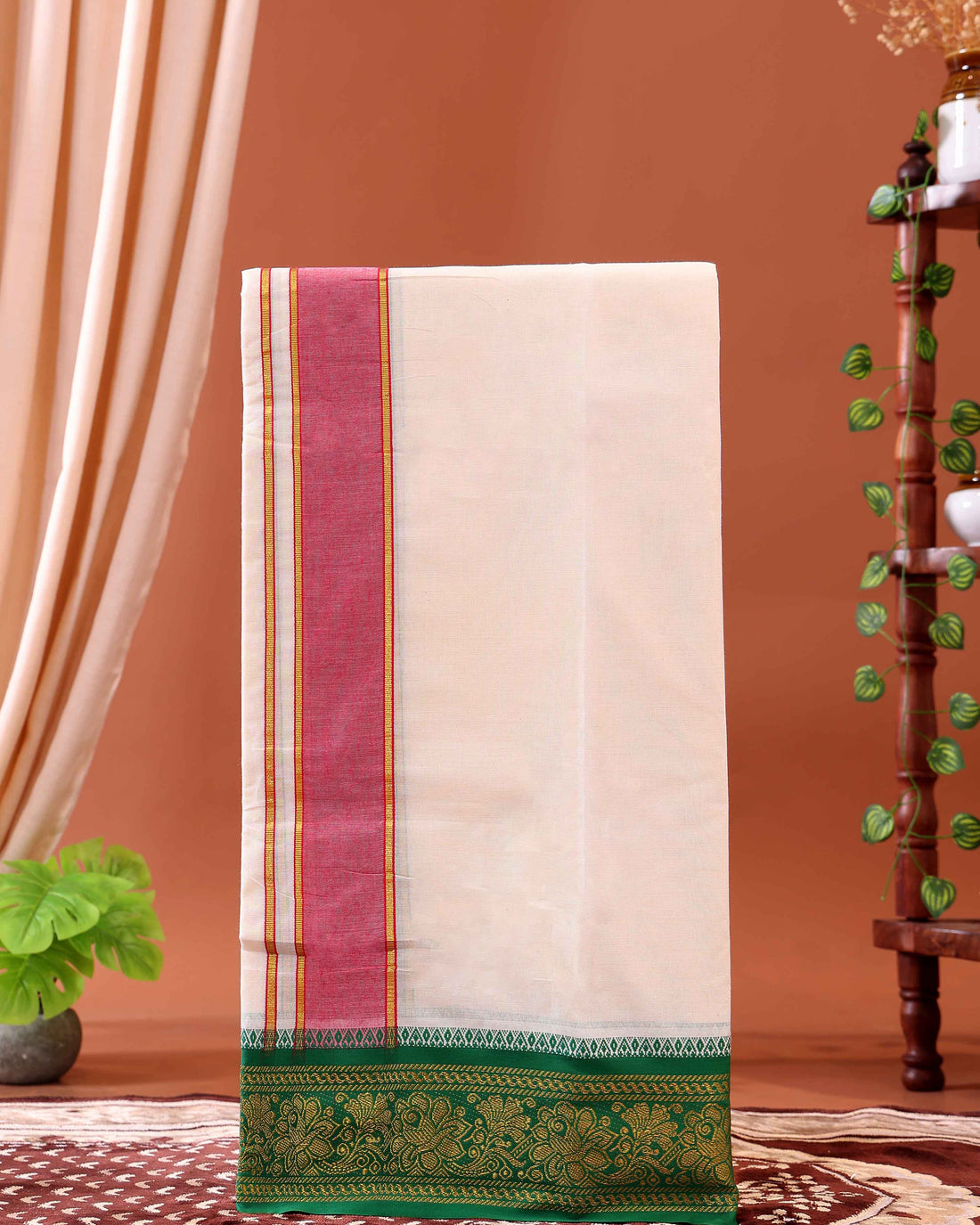 Men’s Traditional Handloom Cotton Dhoti with Multi Border - Off White-seventeen