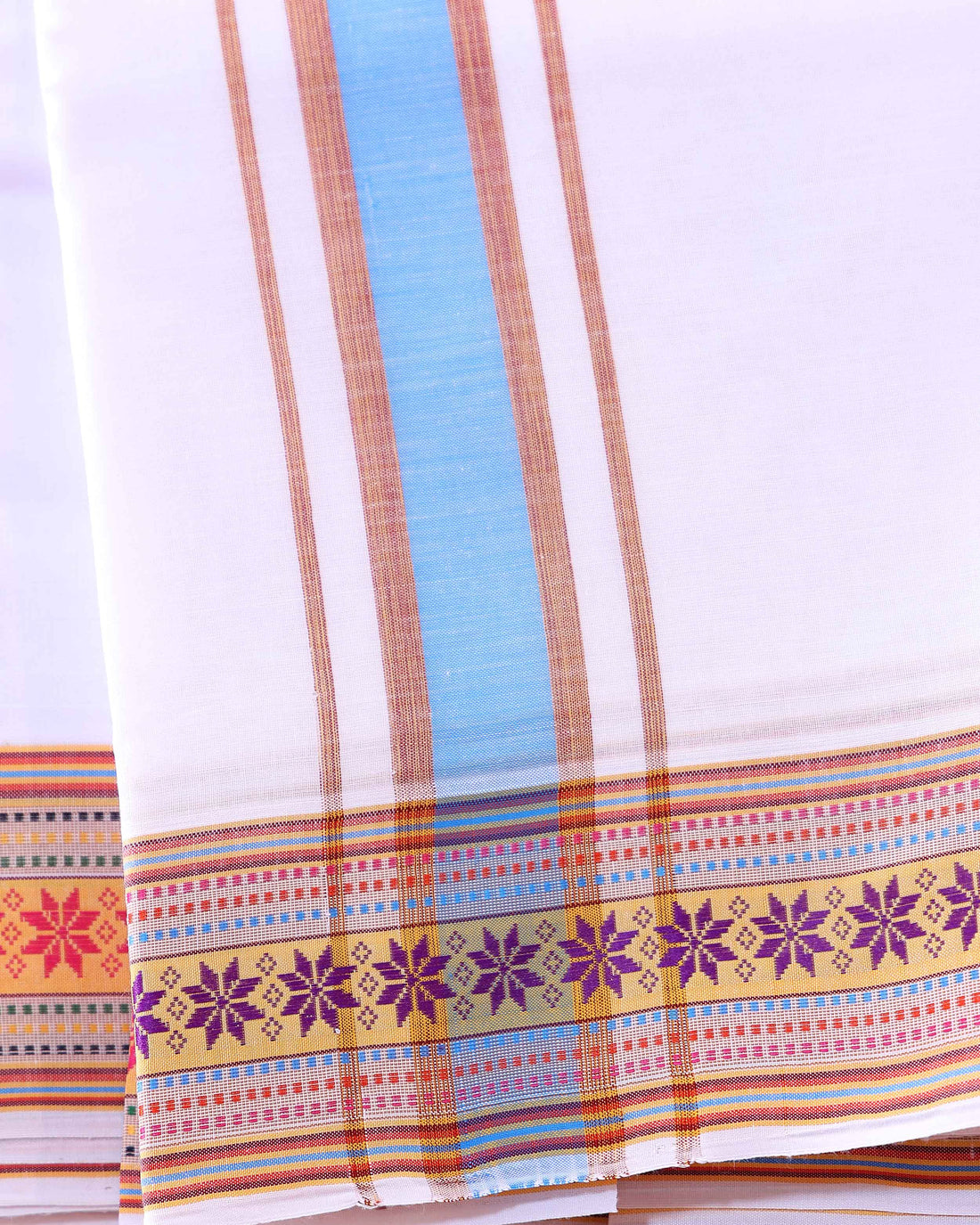 Men’s Traditional Handloom Cotton Dhoti with Multi Border - White