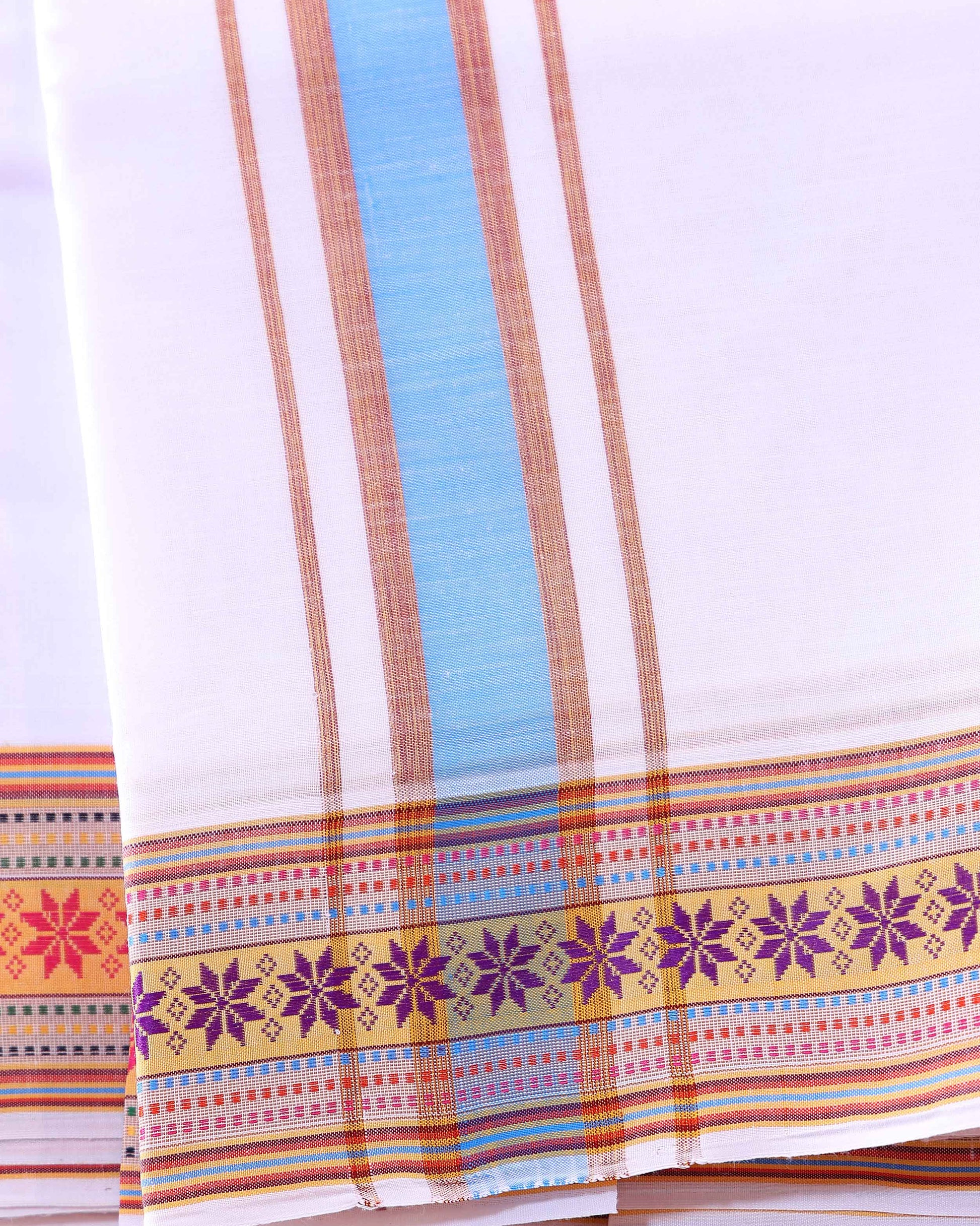 Men’s Traditional Handloom Cotton Dhoti with Multi Border - White