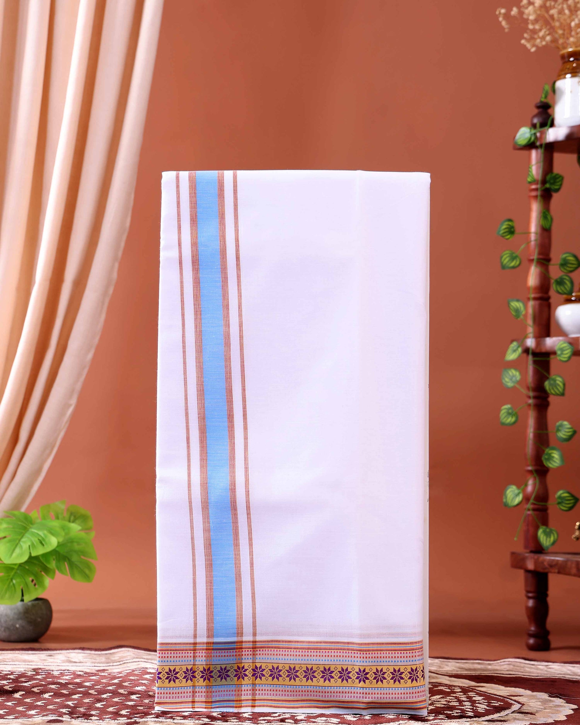 Men’s Traditional Handloom Cotton Dhoti with Multi Border - White