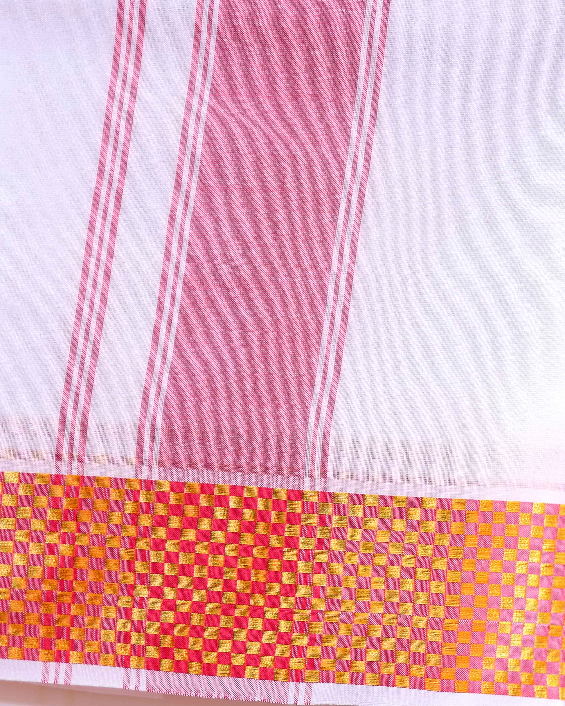 Men’s Traditional Handloom Cotton Dhoti with Orange Border - White