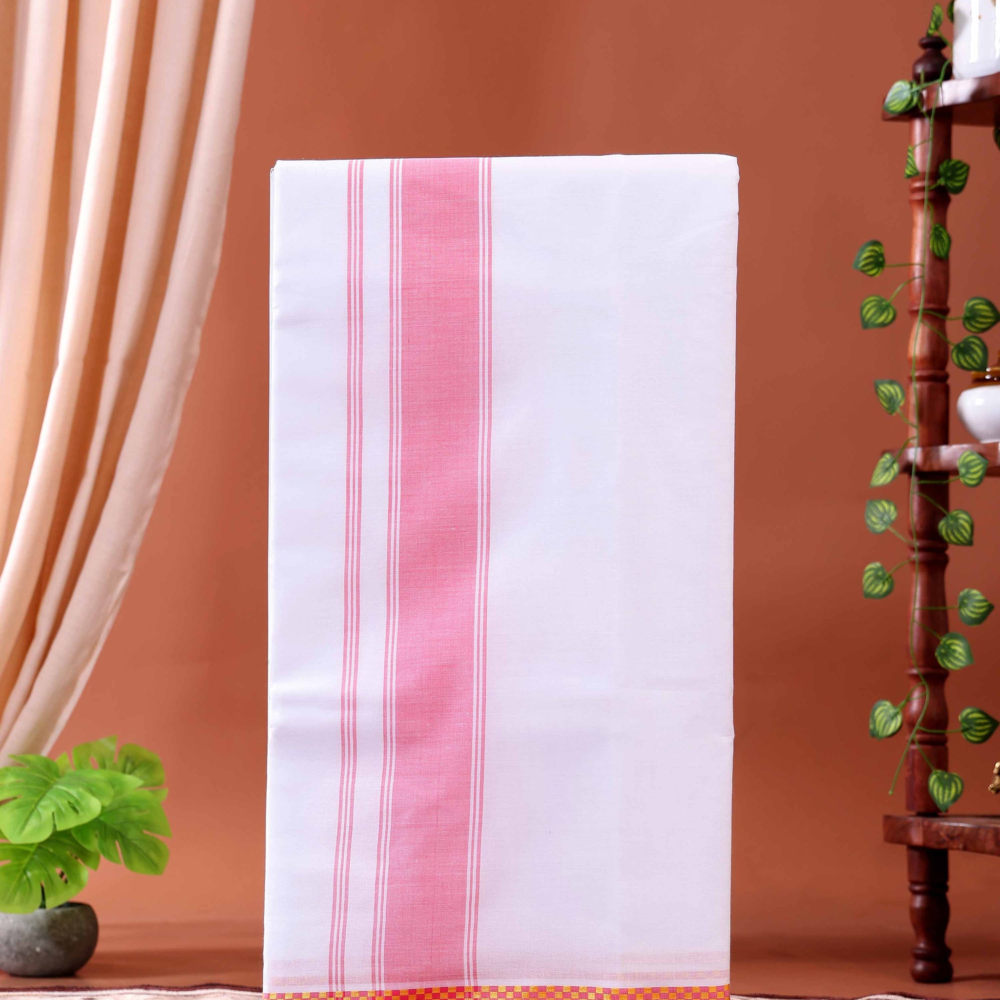 Men’s Traditional Handloom Cotton Dhoti with Orange Border - White