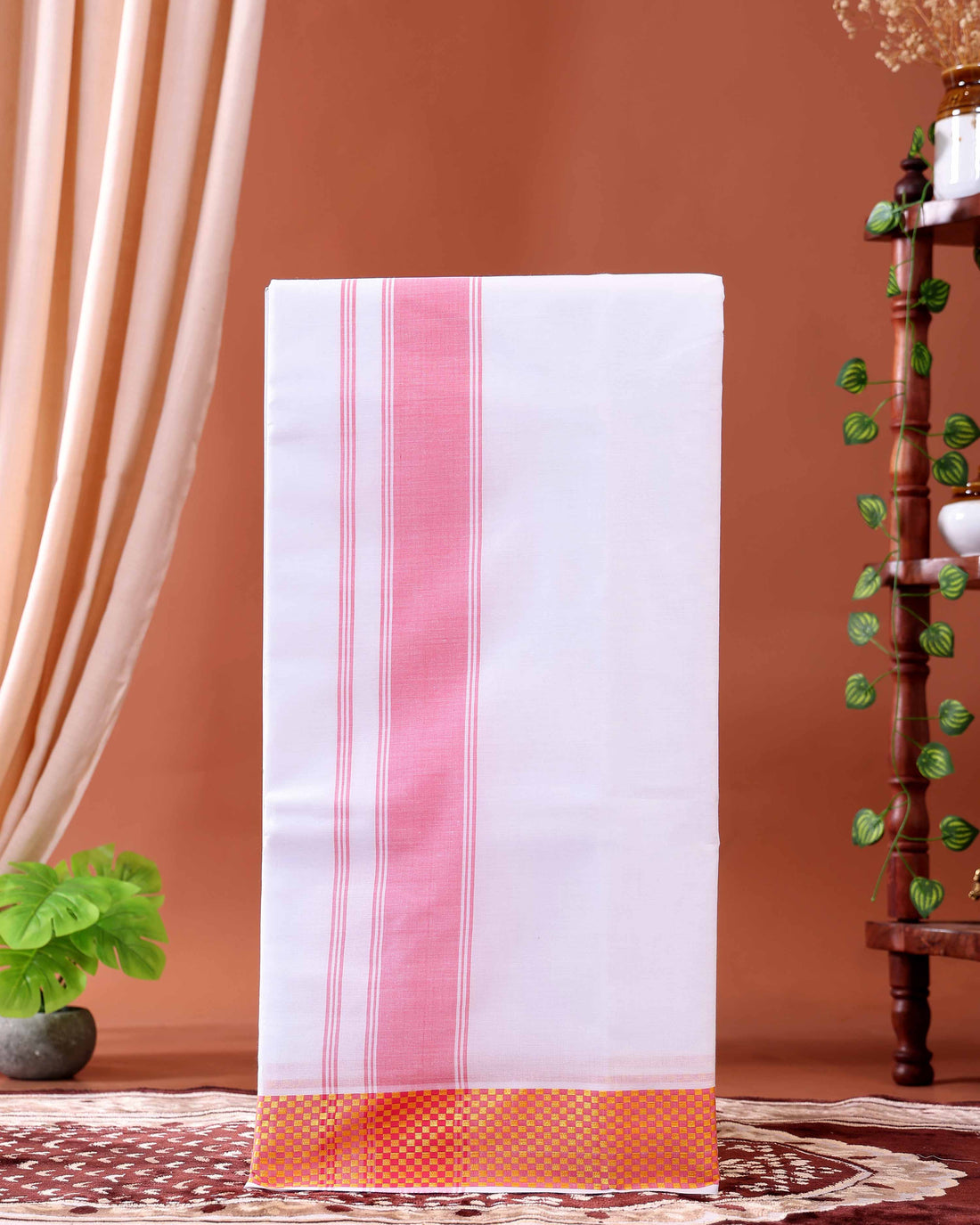 Men’s Traditional Handloom Cotton Dhoti with Orange Border - White