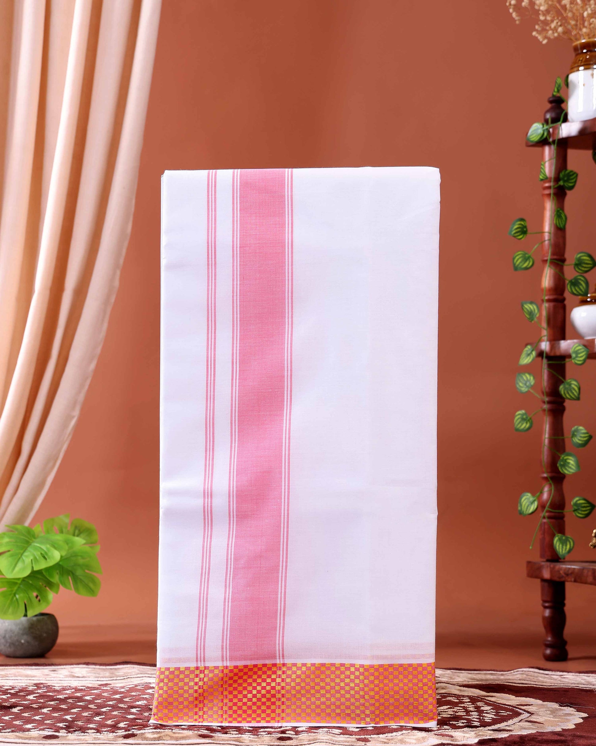 Men’s Traditional Handloom Cotton Dhoti with Orange Border - White