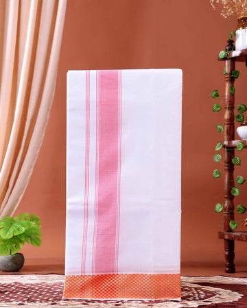 Men’s Traditional Handloom Cotton Dhoti with Orange Border - White