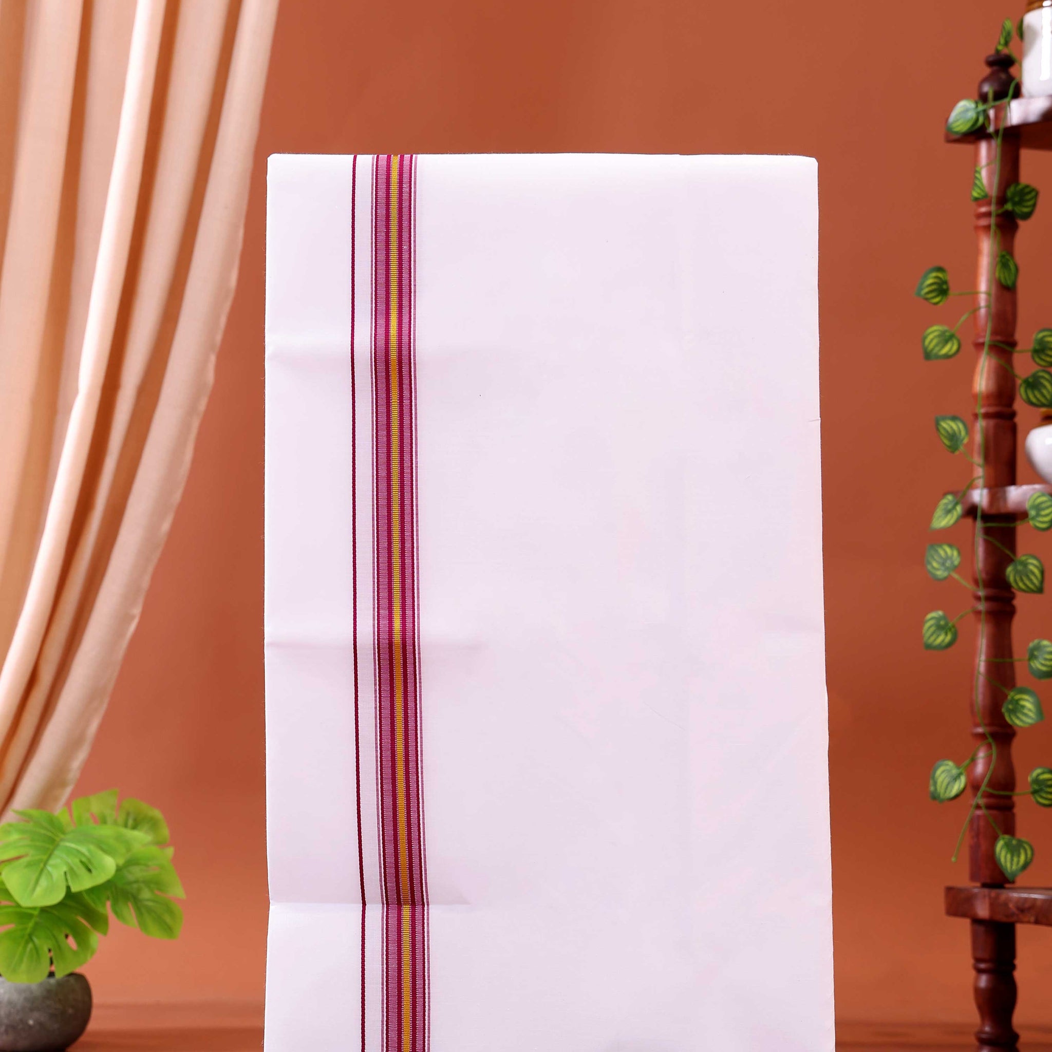 Men’s Traditional Handloom Cotton Dhoti with Purple Border - White 