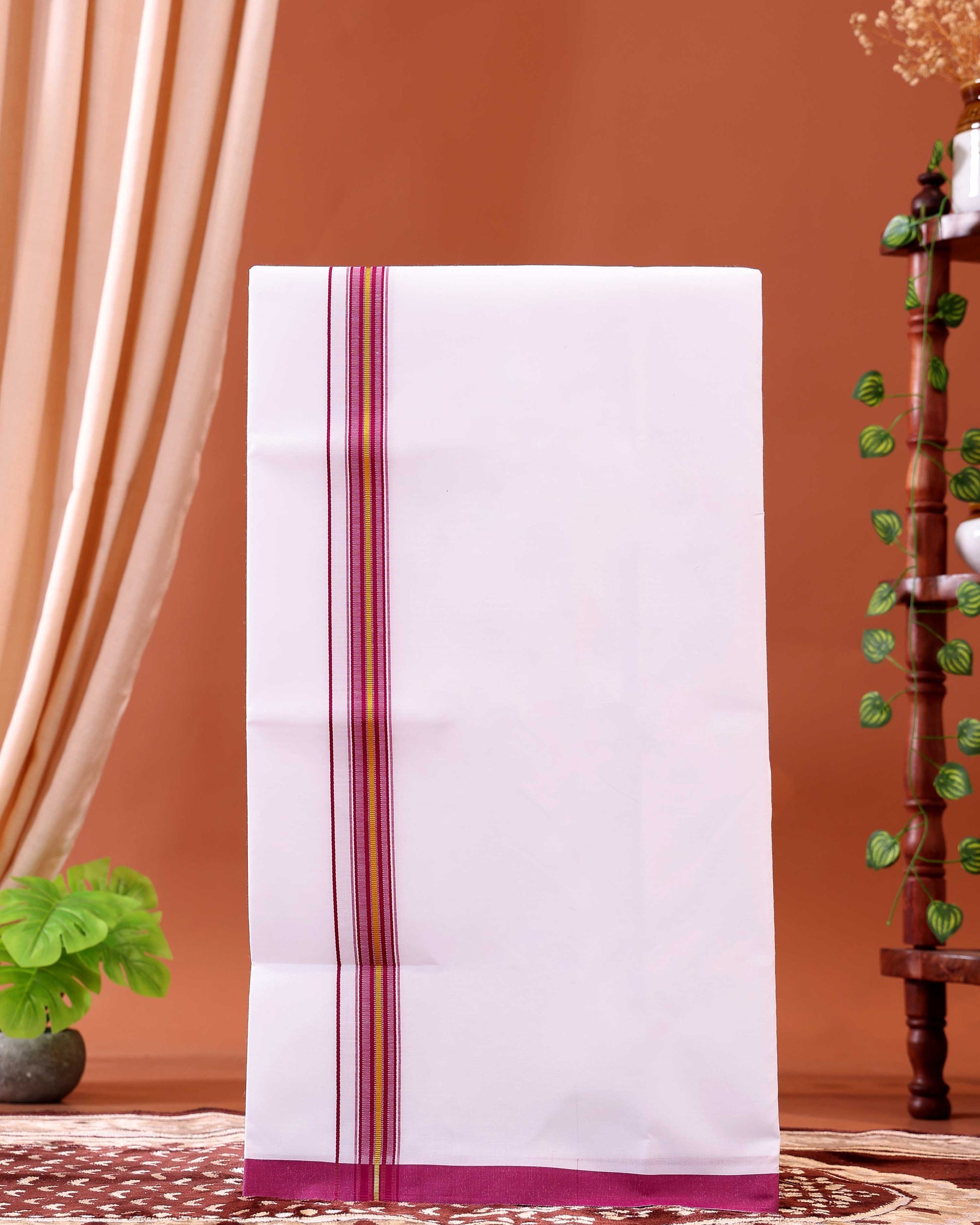 Men’s Traditional Handloom Cotton Dhoti with Purple Border - White 