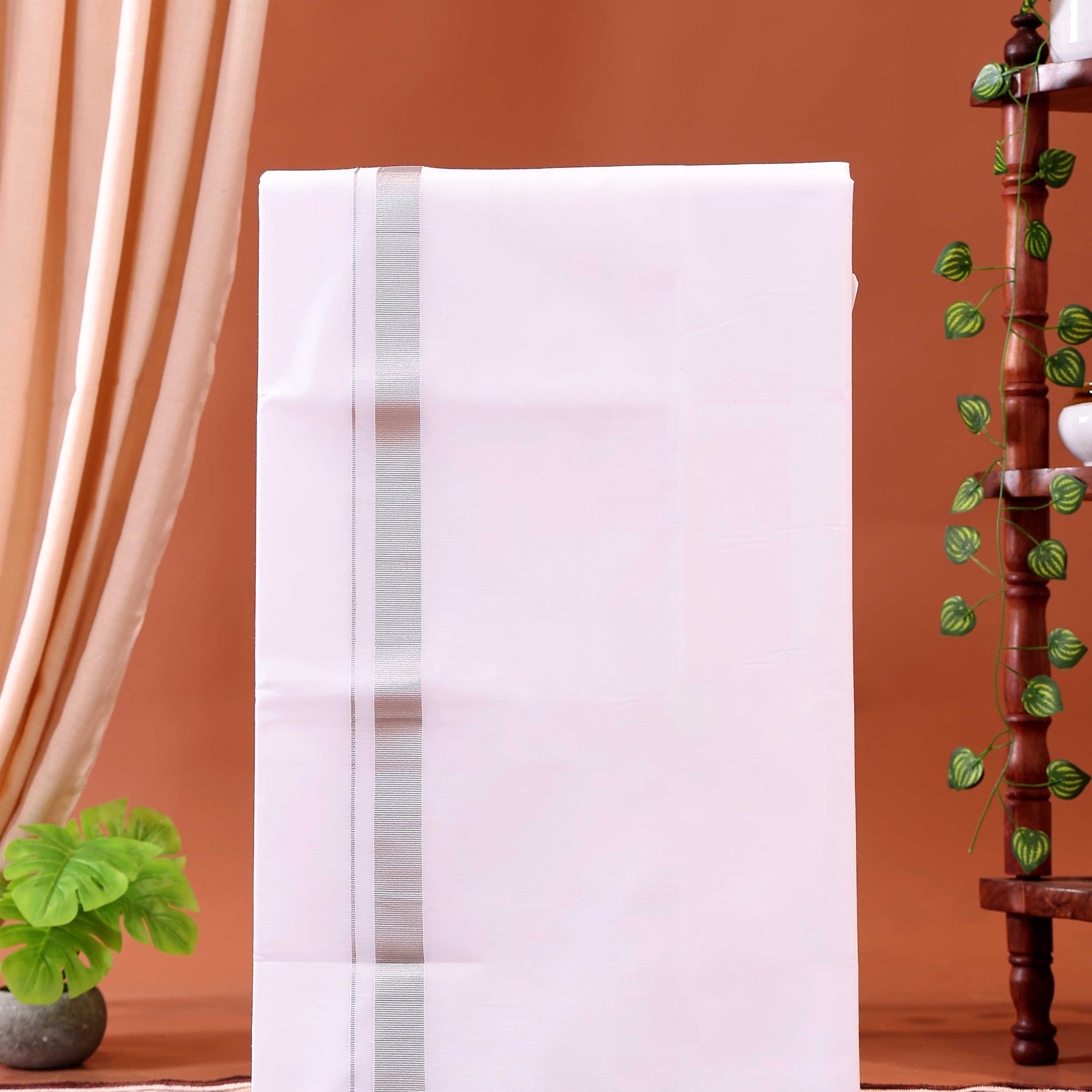 Men’s Traditional Handloom Cotton Dhoti with Silver Border - White