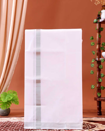 Men’s Traditional Handloom Cotton Dhoti with Silver Border - White