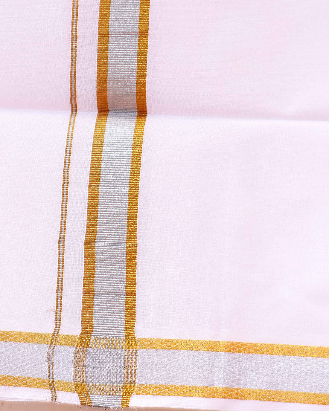 Men’s Traditional Handloom Cotton Dhoti with Silver& Gold Border - White