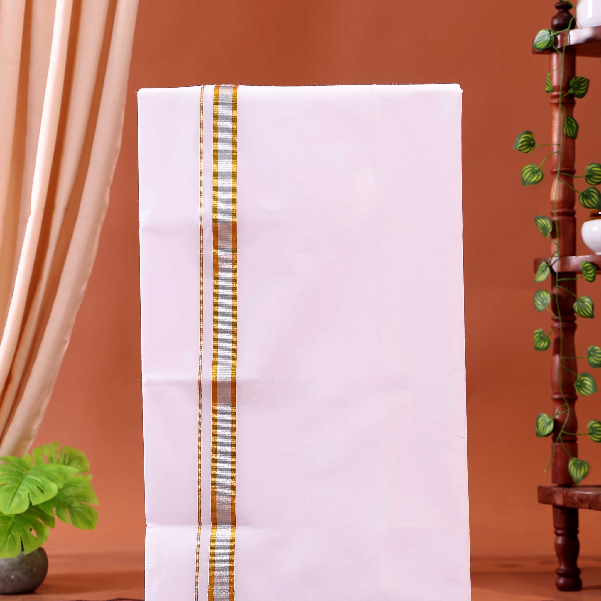 Men’s Traditional Handloom Cotton Dhoti with Silver& Gold Border - White